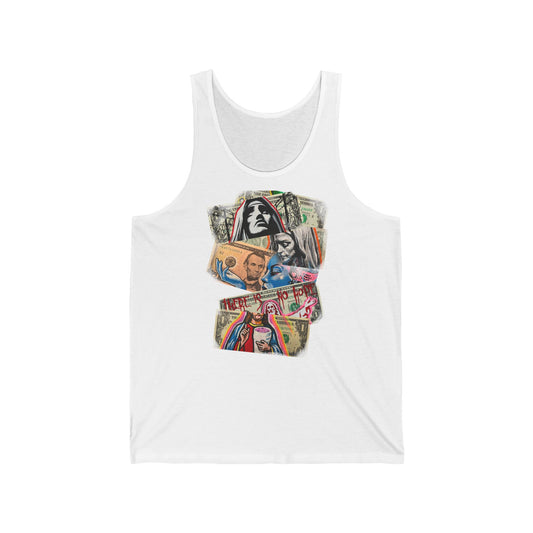 white tank top with stacked dollars and graphic design on a white background, front