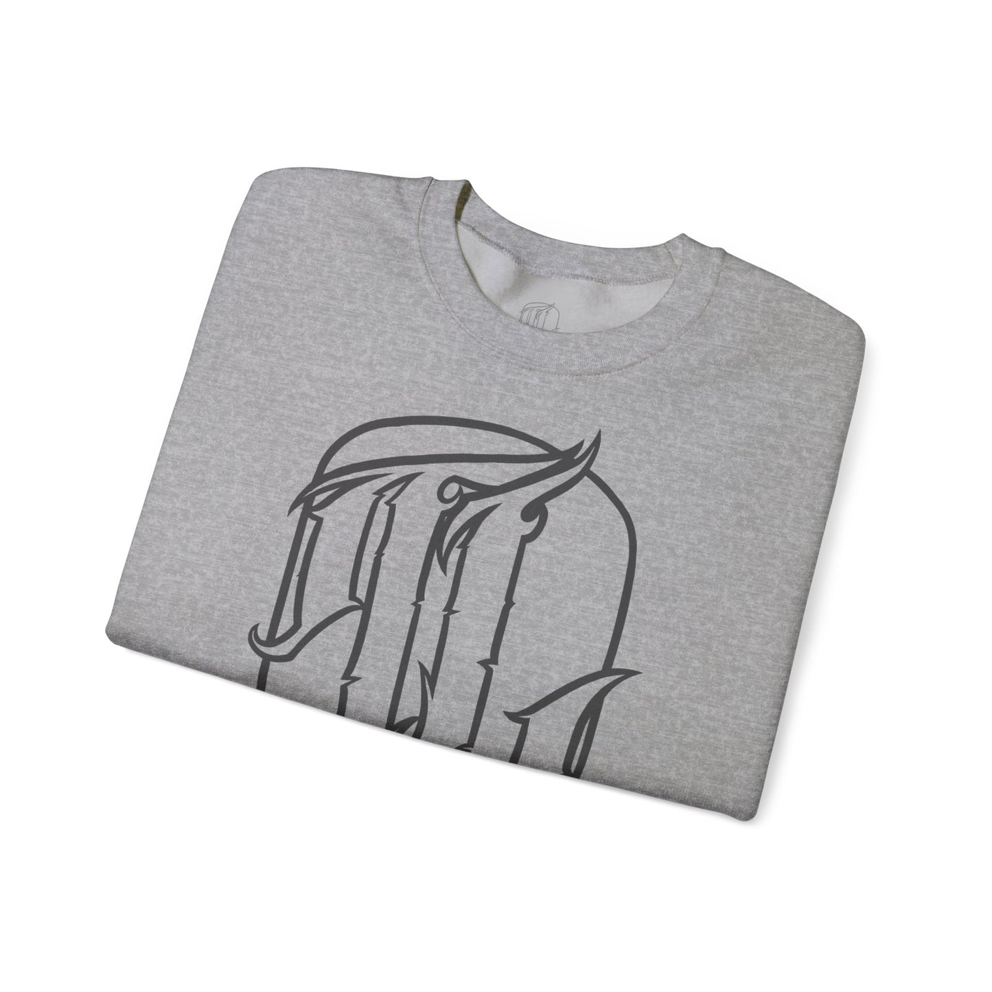 folded sport grey sweatshirt with a text design on the front, front