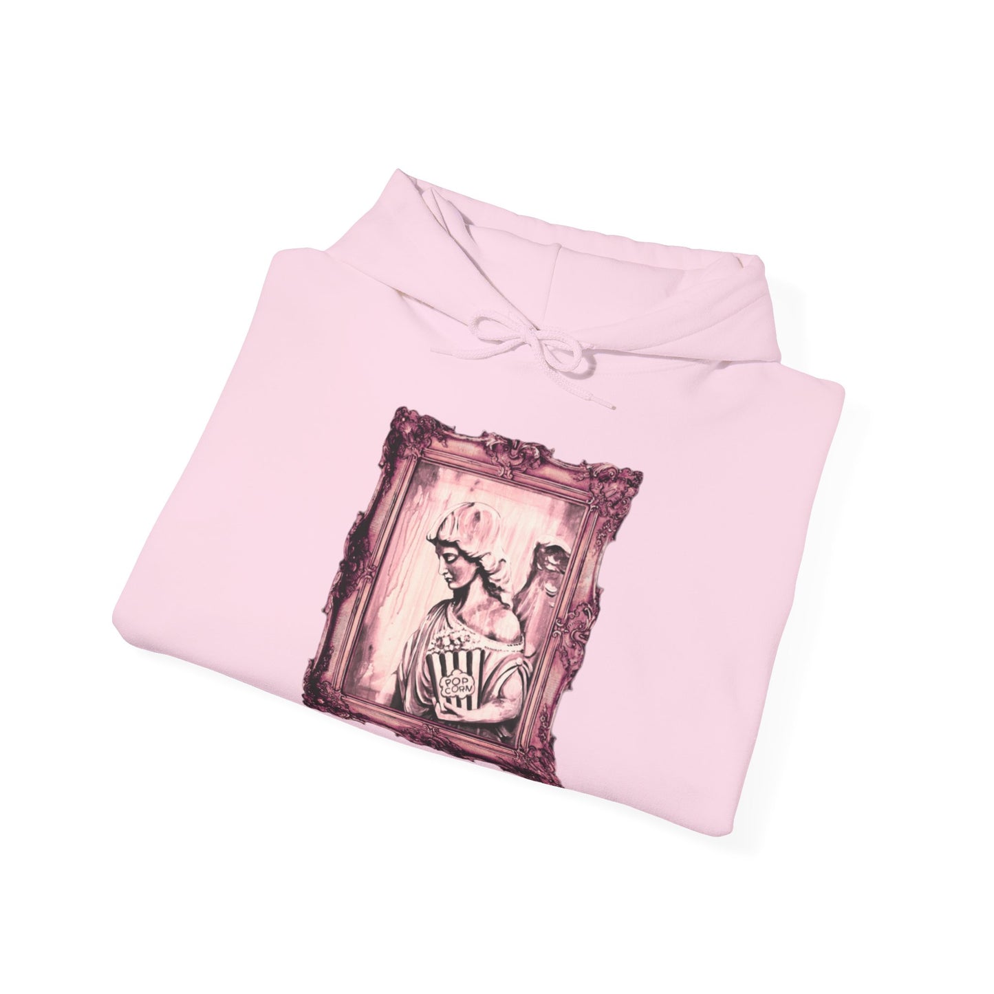 folded Pink hoodie with a graphic artistic design on a white background, front