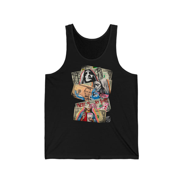 Black tank top with graphic design on a white background,dollars, art, front