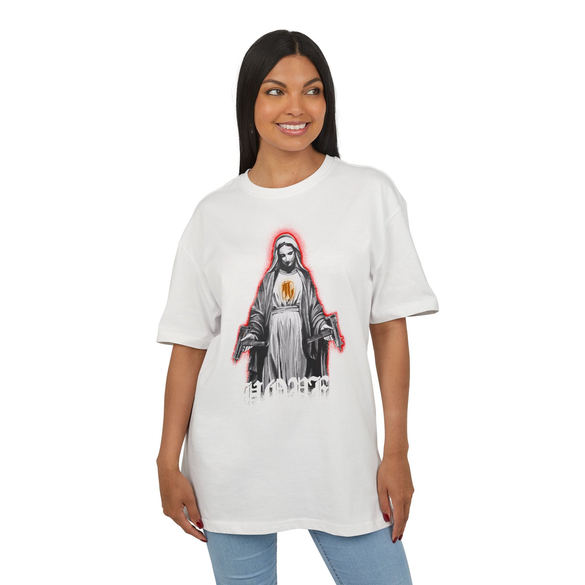 woman wearing blanc white t-shirt with a graphic print of a figure with a red halo, front