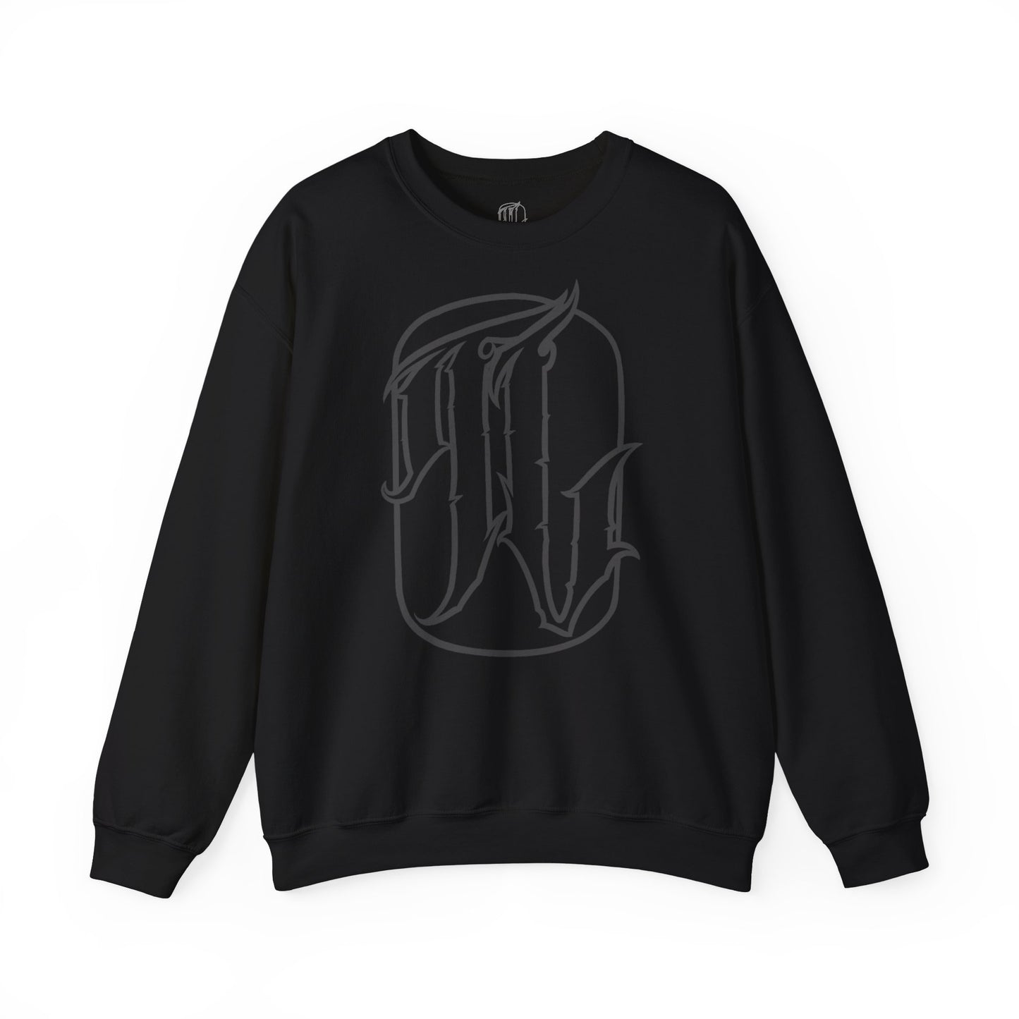 black sweatshirt with a text design on the front, front