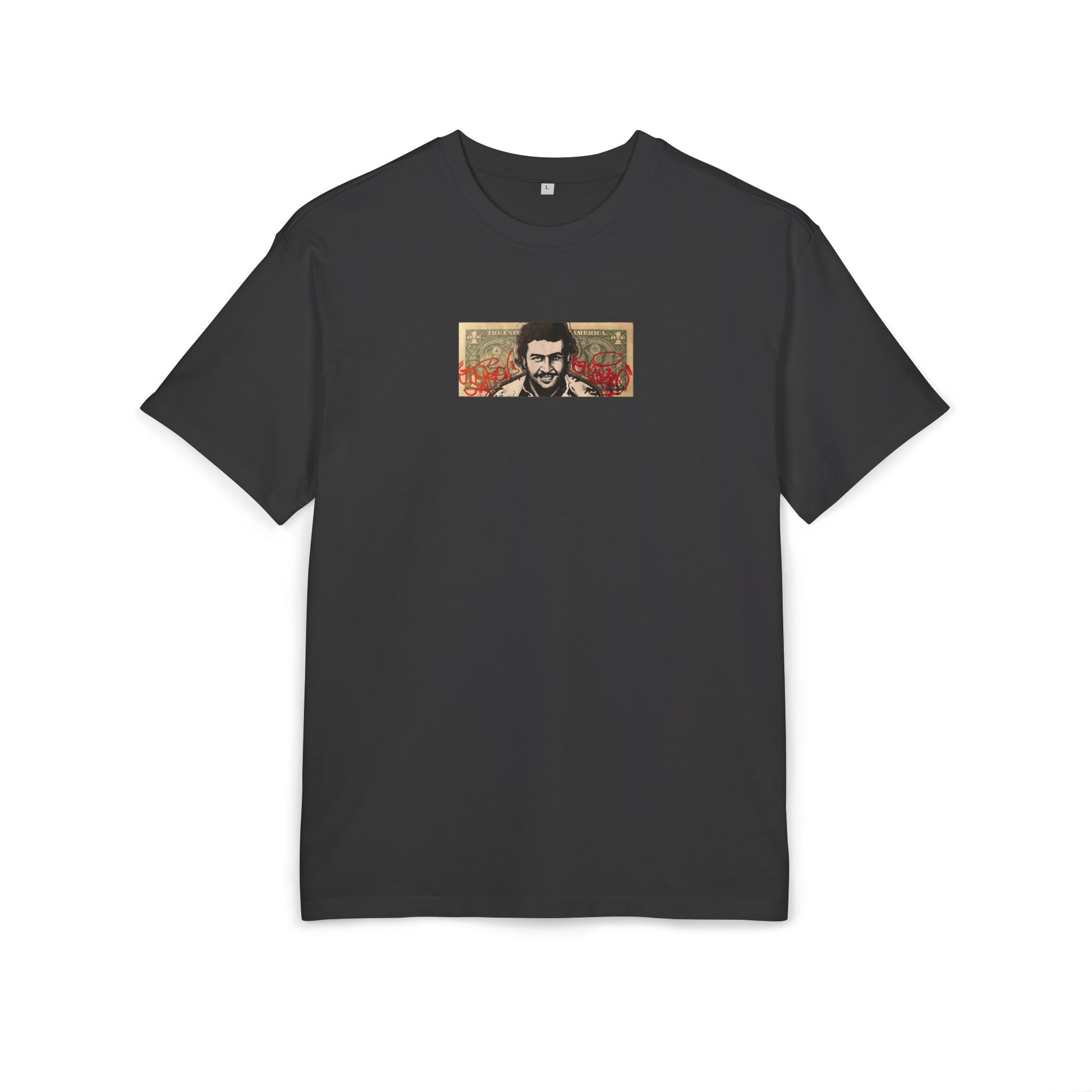 Black t-shirt with a small graphic dollar desing of pablo escobar on the chest against a white background, front