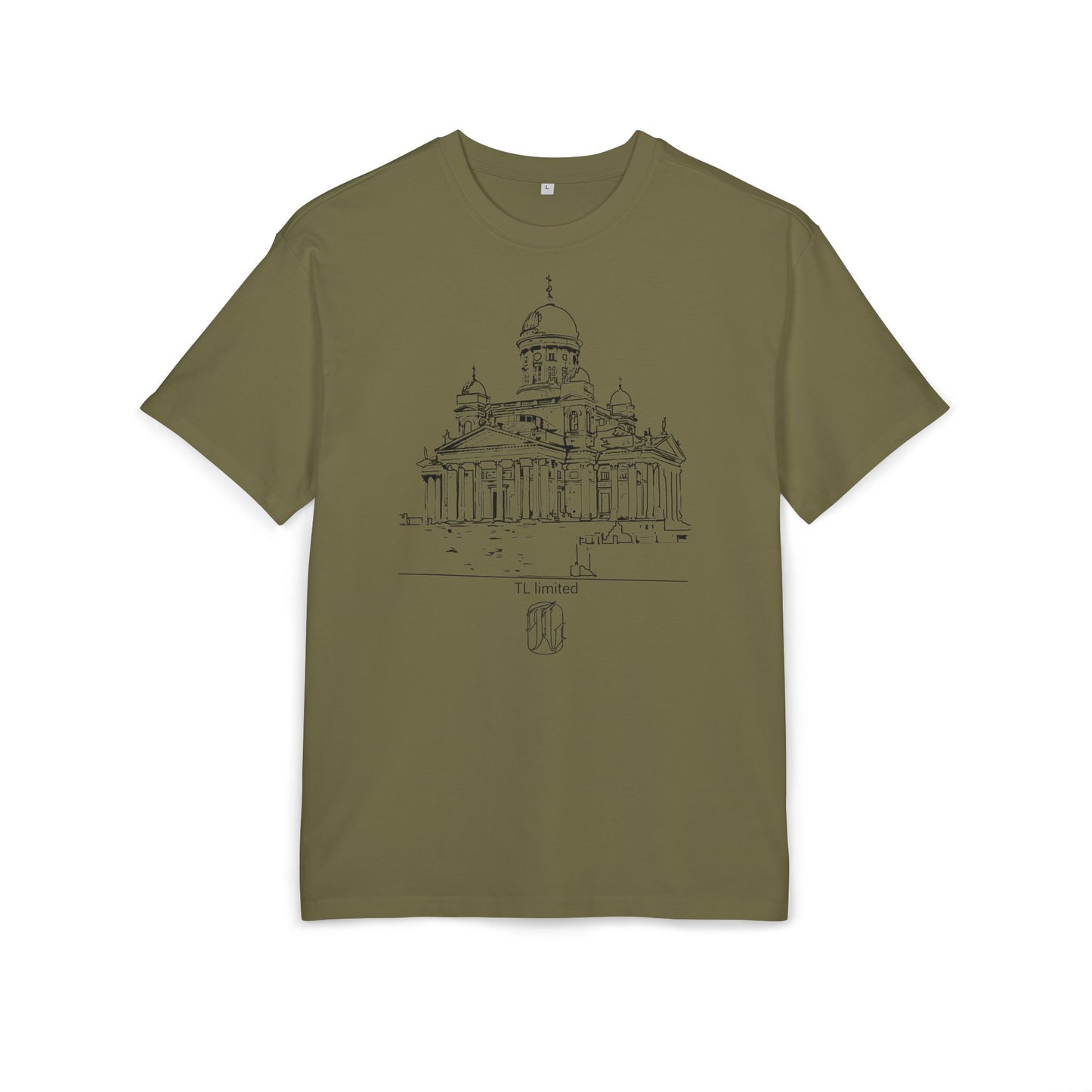olive Green t-shirt with architectural design on a white background, front