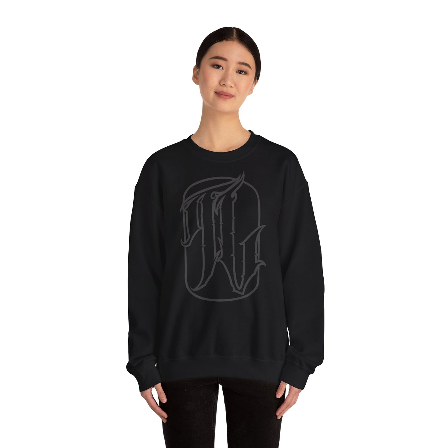 woman wearing black sweatshirt with a text design on the front, front