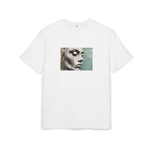 White t-shirt with a graphic print of a person's face on the chest on white background, front
