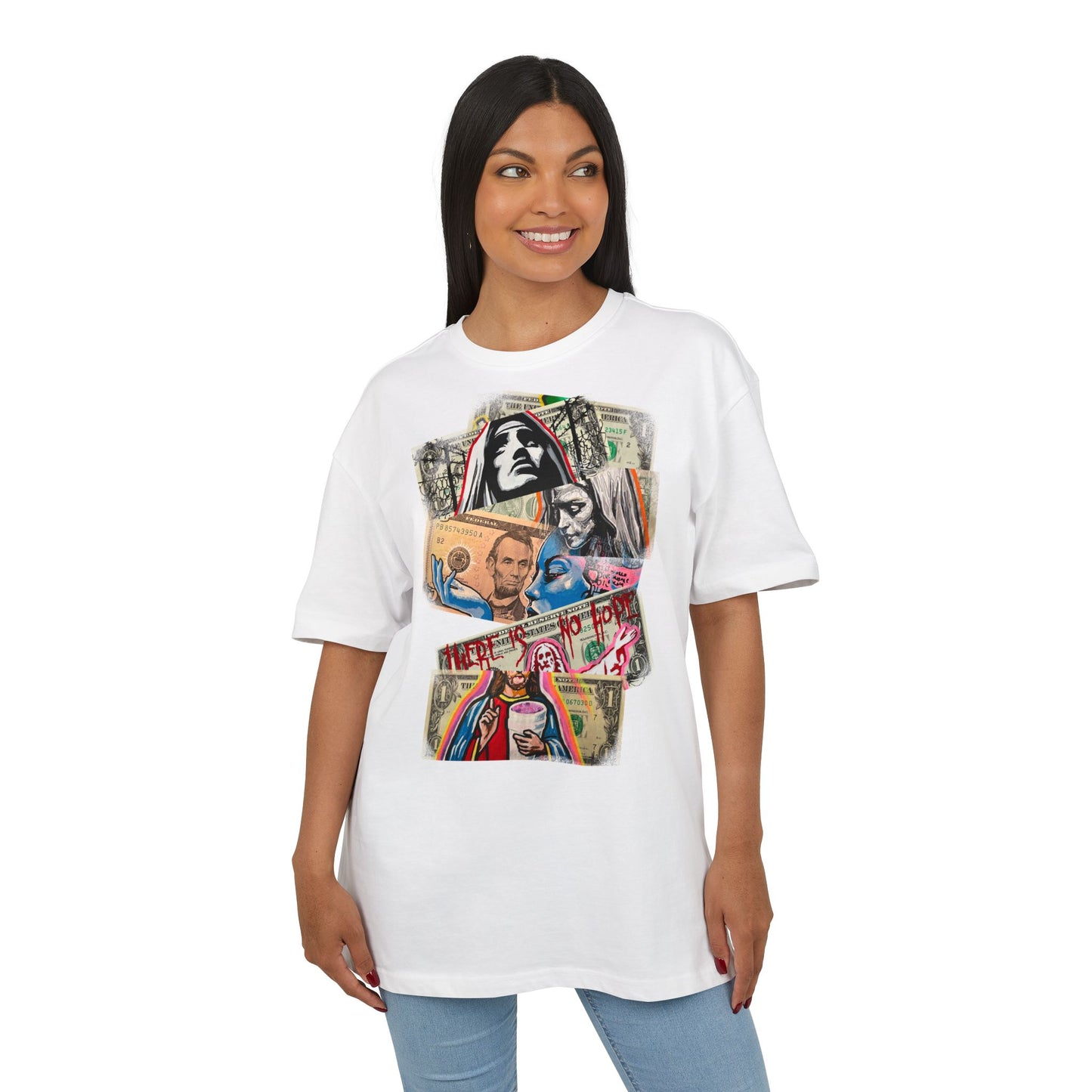 Woman wearing a white t-shirt with graphic design on a white background, art, dollar, front