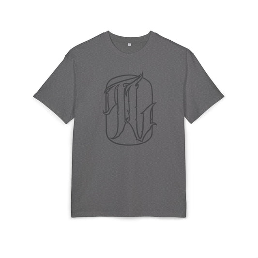charcoal heather t-shirt with a graphic design in the center, front