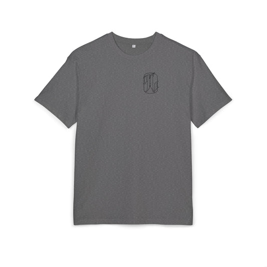 charcoal heather t-shirt with a black logo on a white background, front