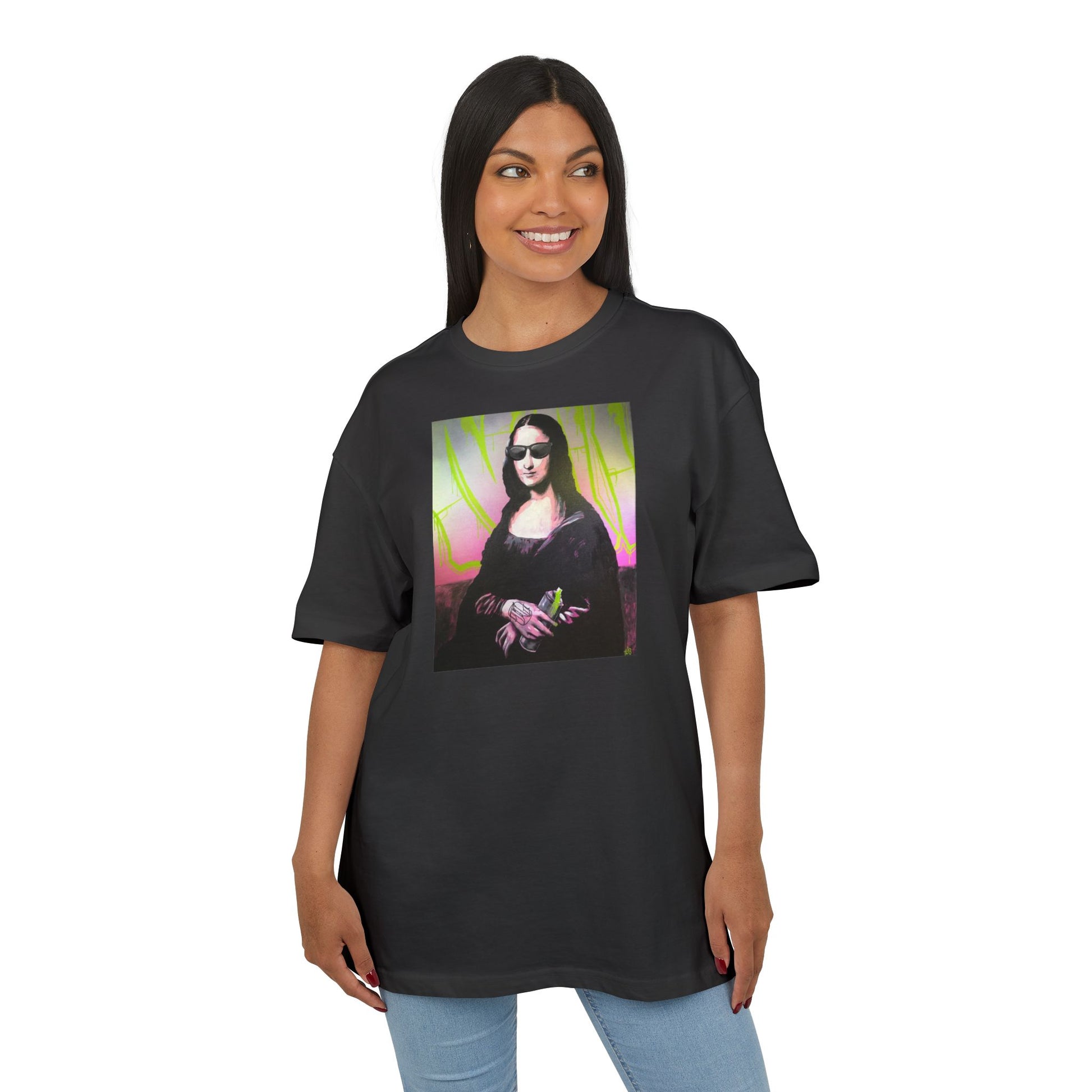 woman wearing black t-shirt with a graphic of Mona Lisa wearing sunglasses on a white background, front