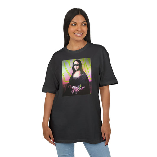 woman wearing black t-shirt with a graphic of Mona Lisa wearing sunglasses on a white background, front