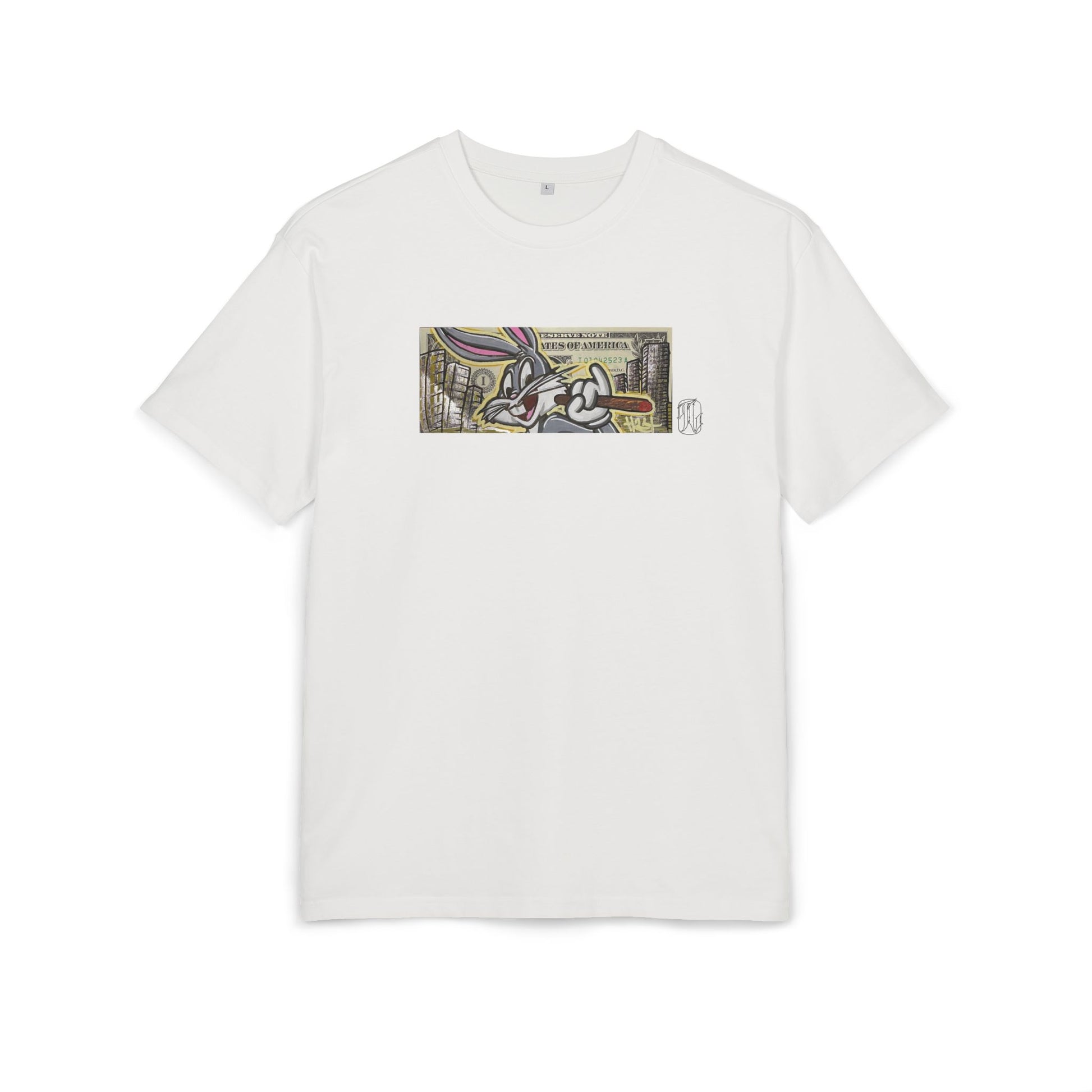 White t-shirt with a graphic design on a white background, art, dollar, front