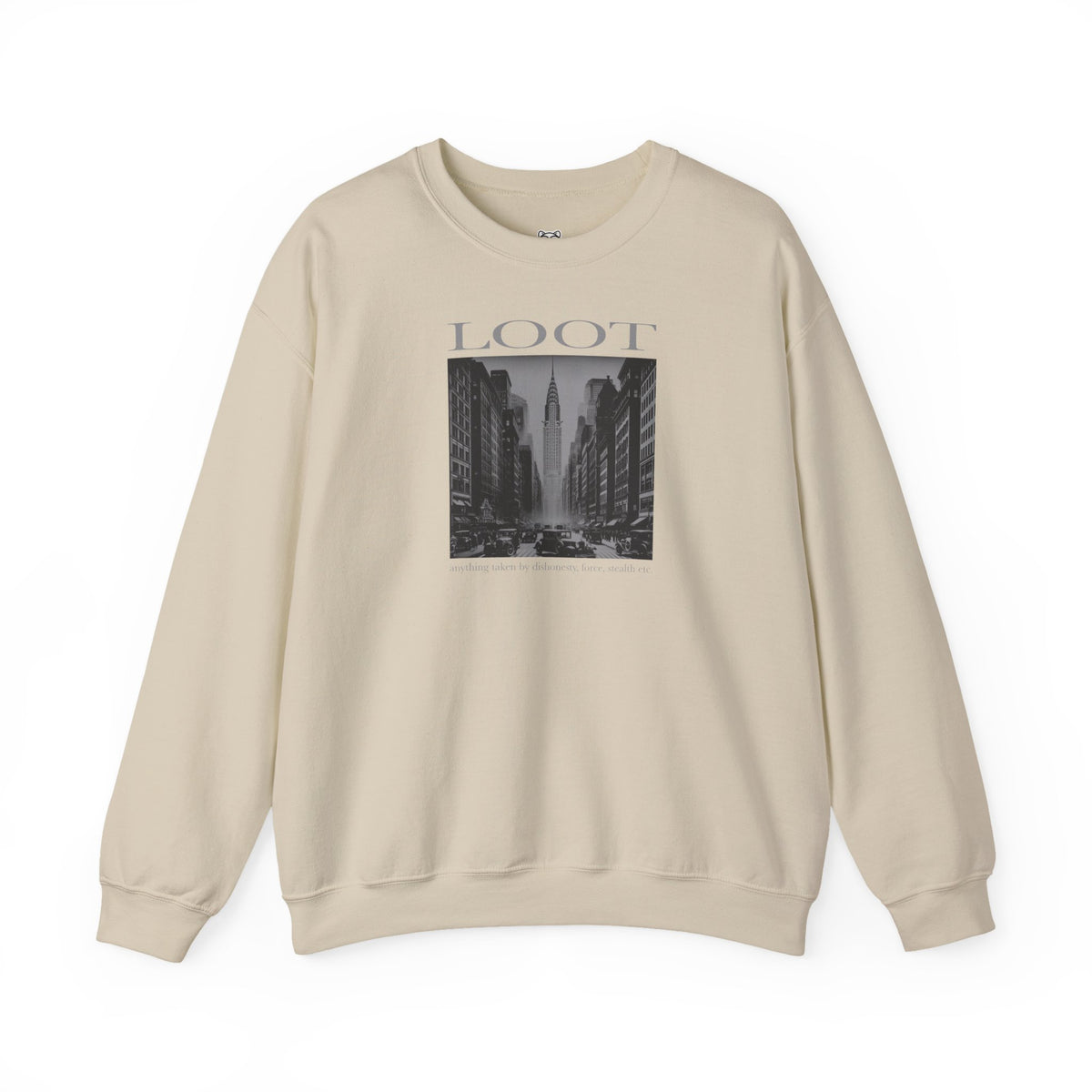 sand sweatshirt with black and white graphic and 'LOOT' text on a white background, front