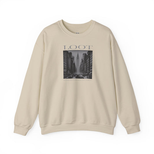 sand sweatshirt with black and white graphic and 'LOOT' text on a white background, front