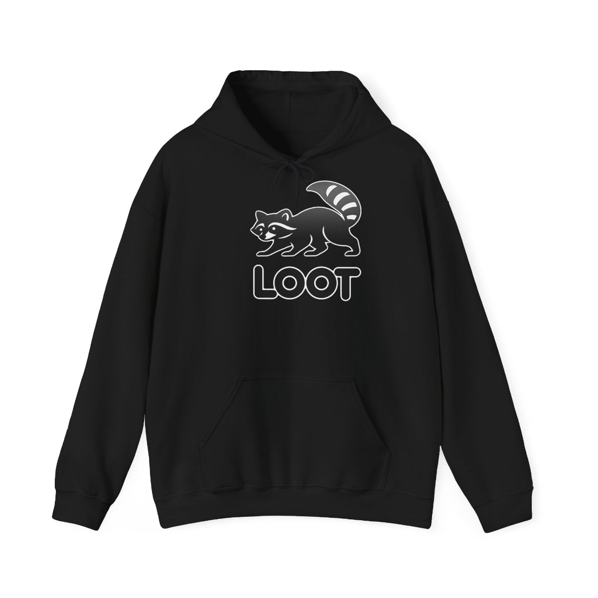 Black hoodie with a raccoon graphic and 'LOOT' text on a white background