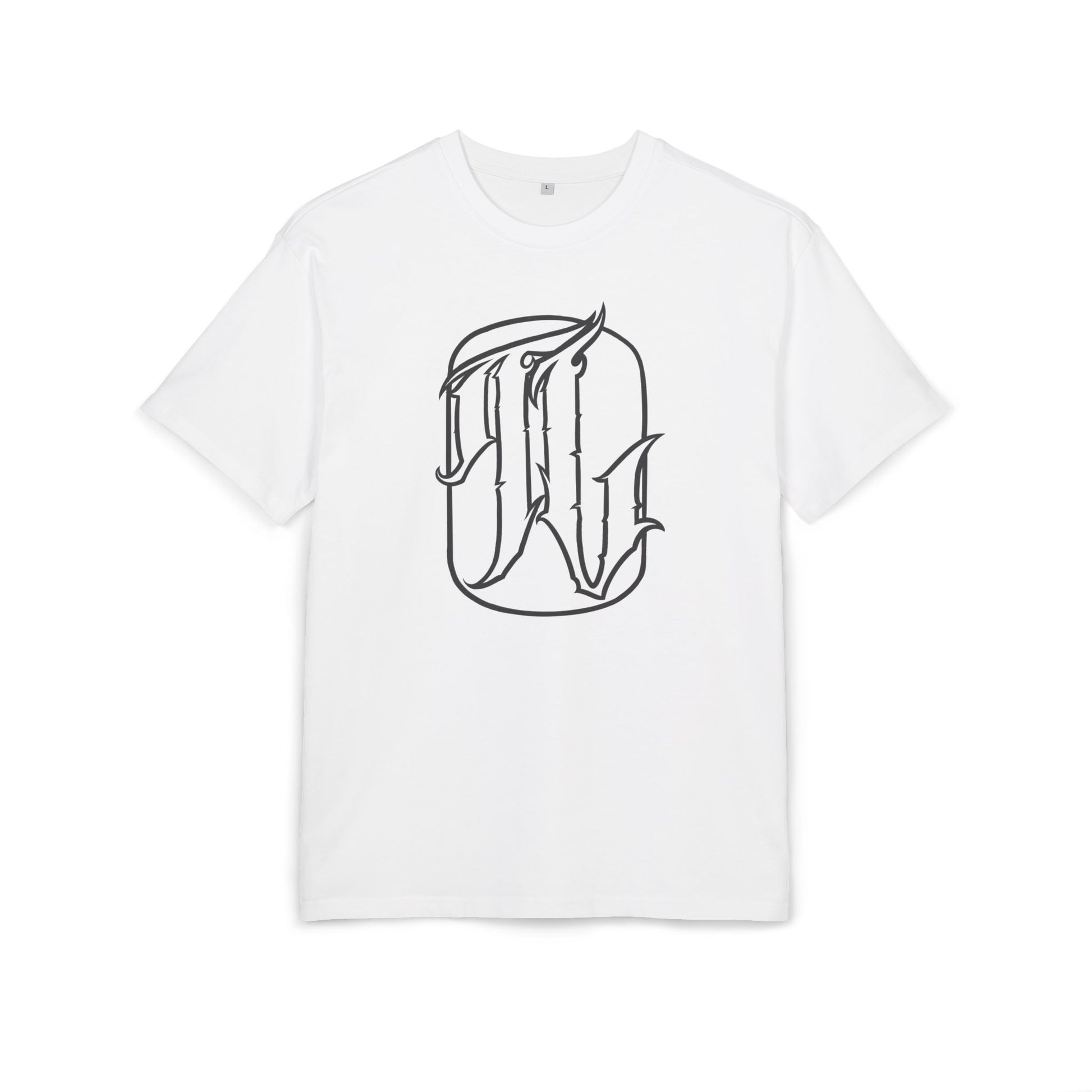 white t-shirt with a graphic design in the center, front