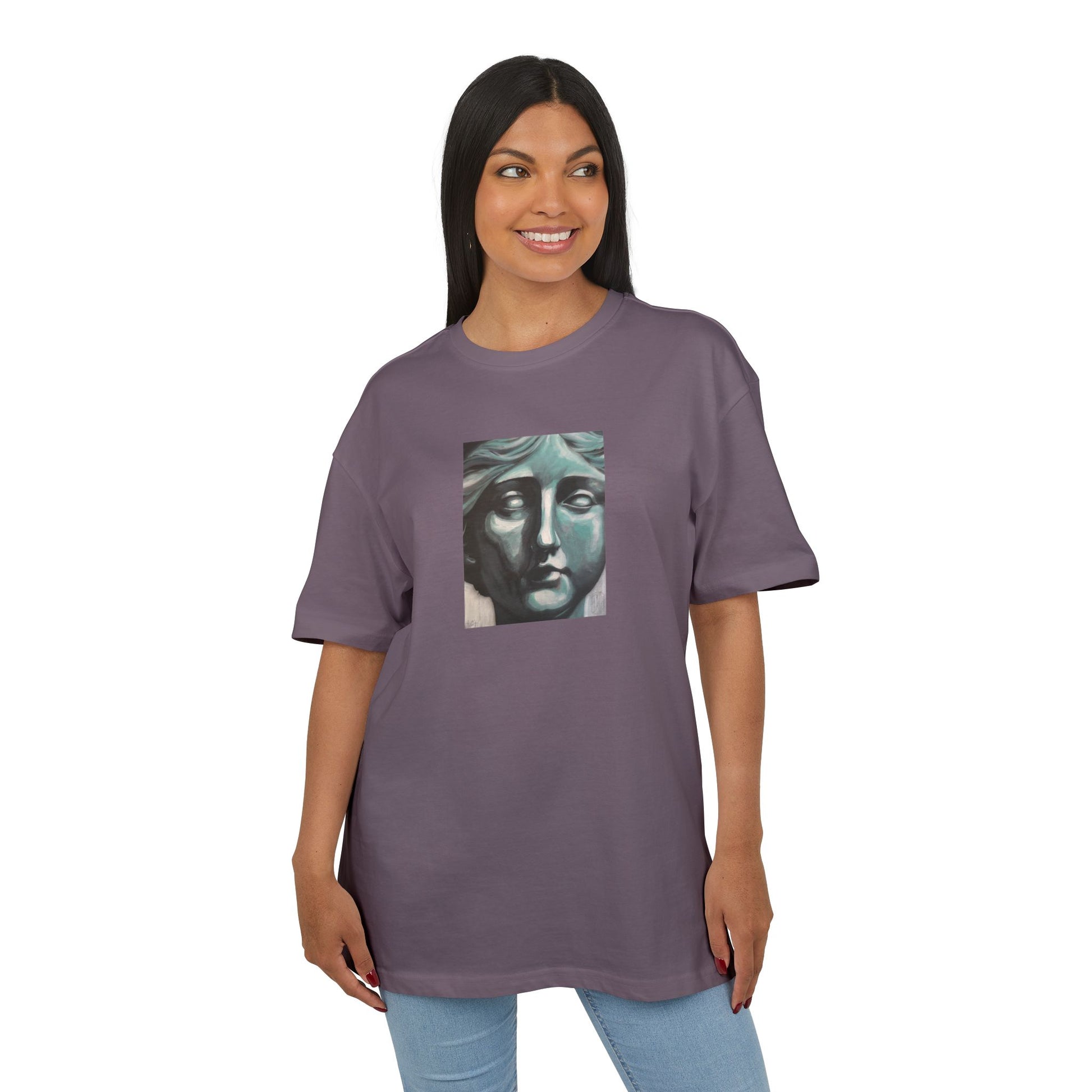 woman wearing magnet oversized t-shirt with a front print of a sculpted face, front