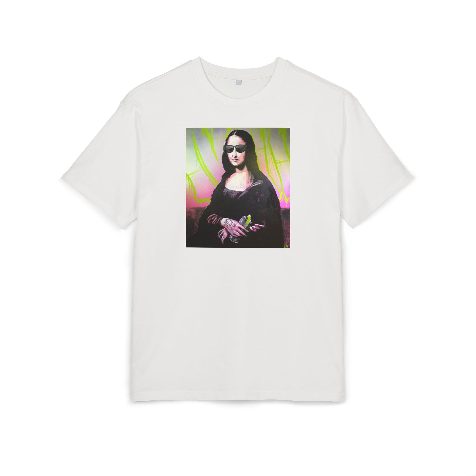 white t-shirt with a graphic of Mona Lisa wearing sunglasses on a white background, front