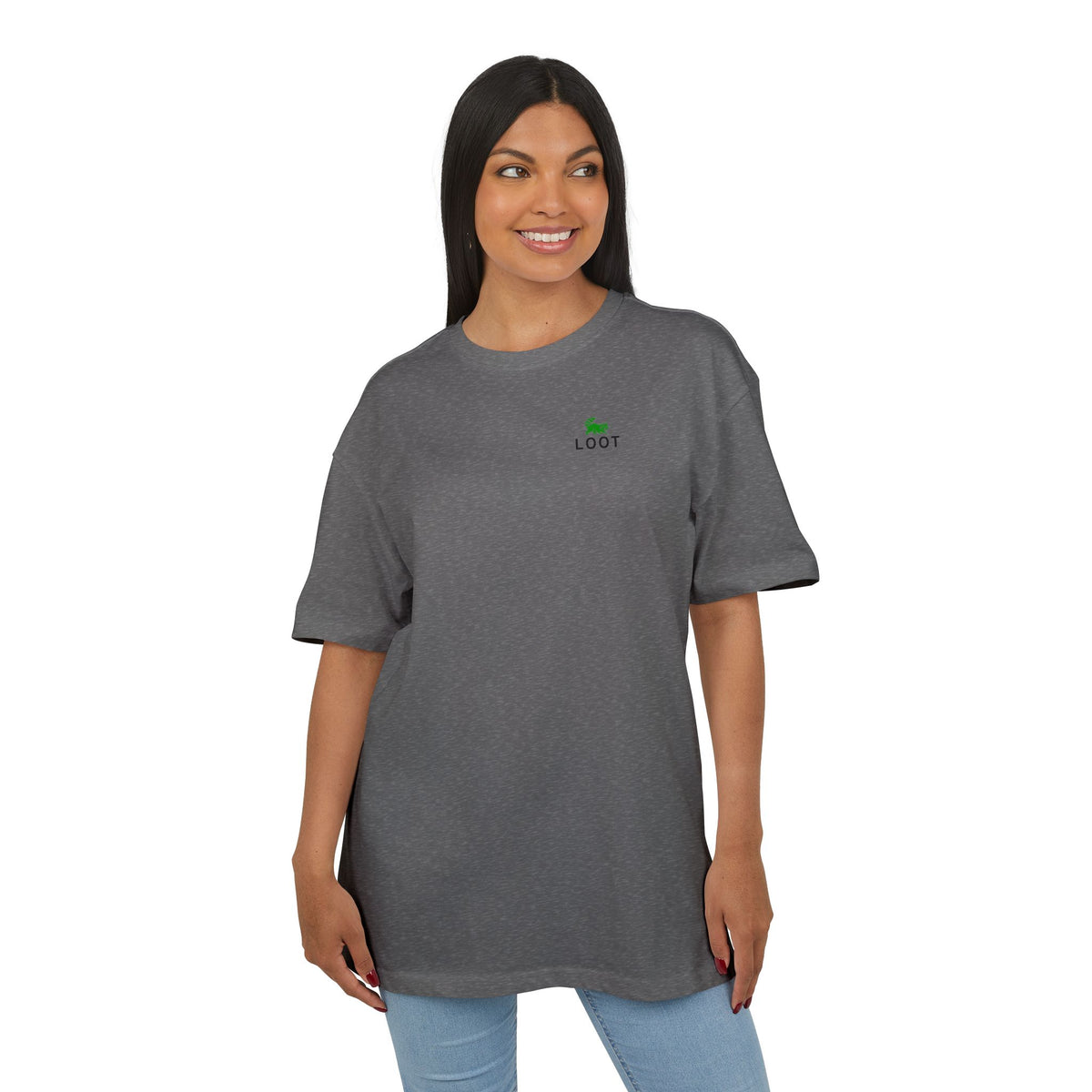 Woman wearing a gray t-shirt with a logo on a white background, front