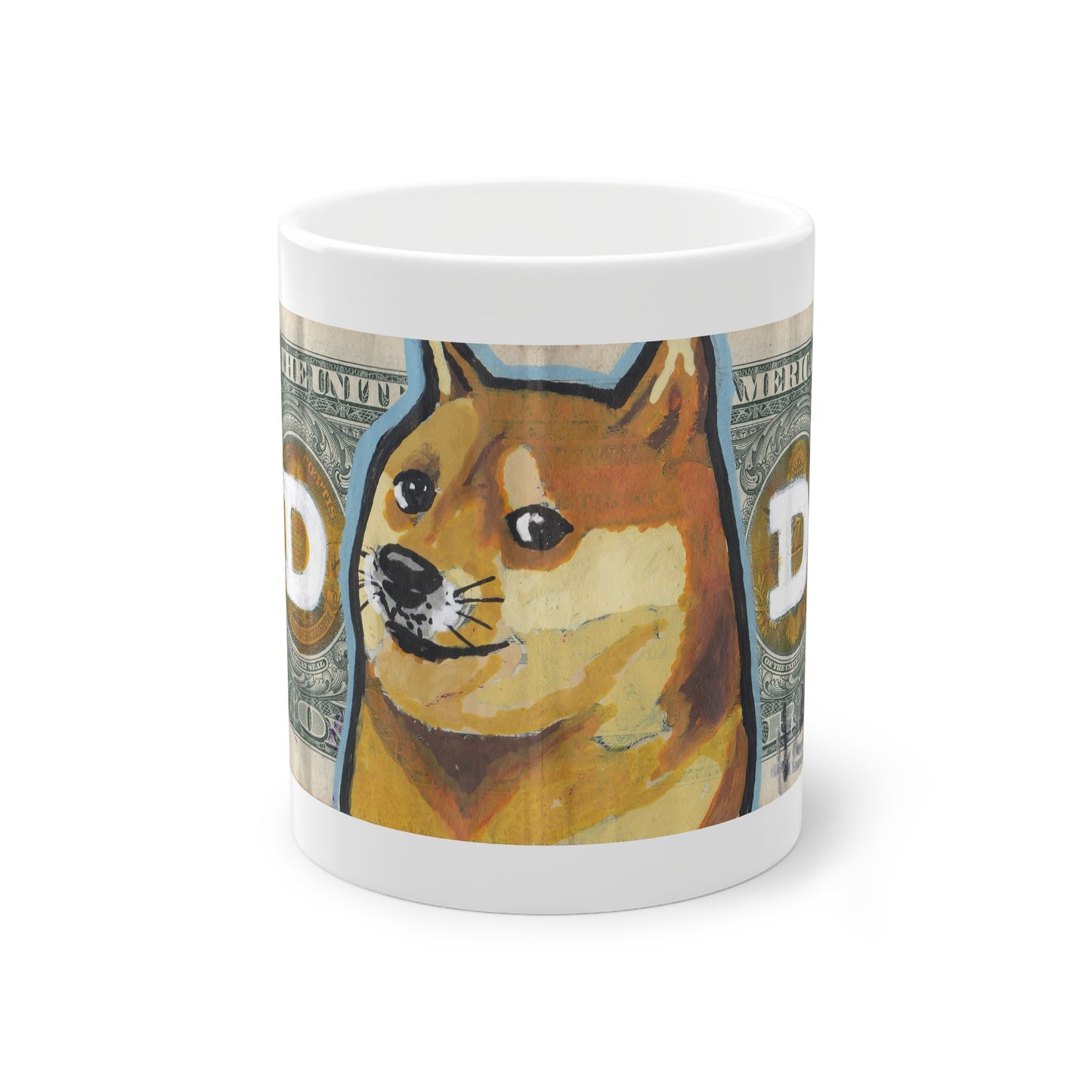 Mug with a dog design on a dollar bill background, front