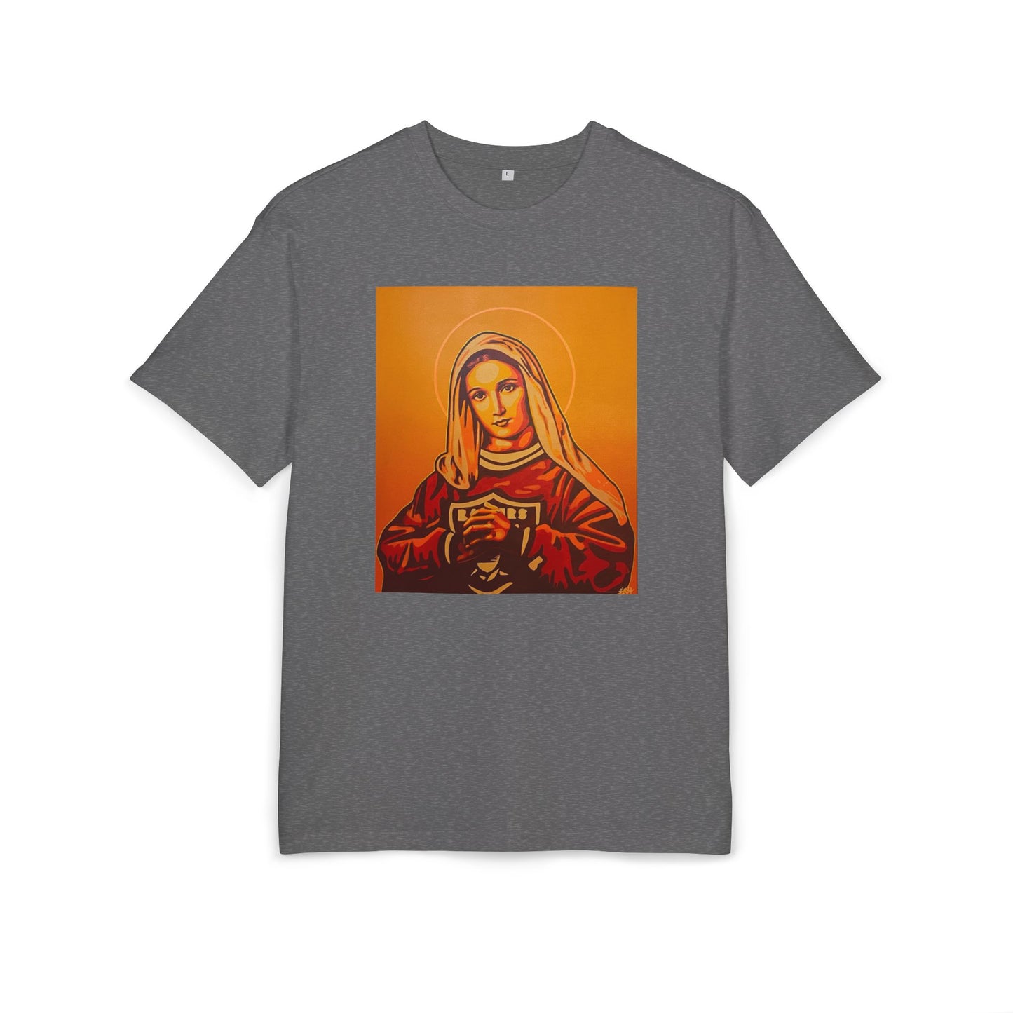 charcoal heather oversized t-shirt with a graphic artistic print of a person with a halo, front