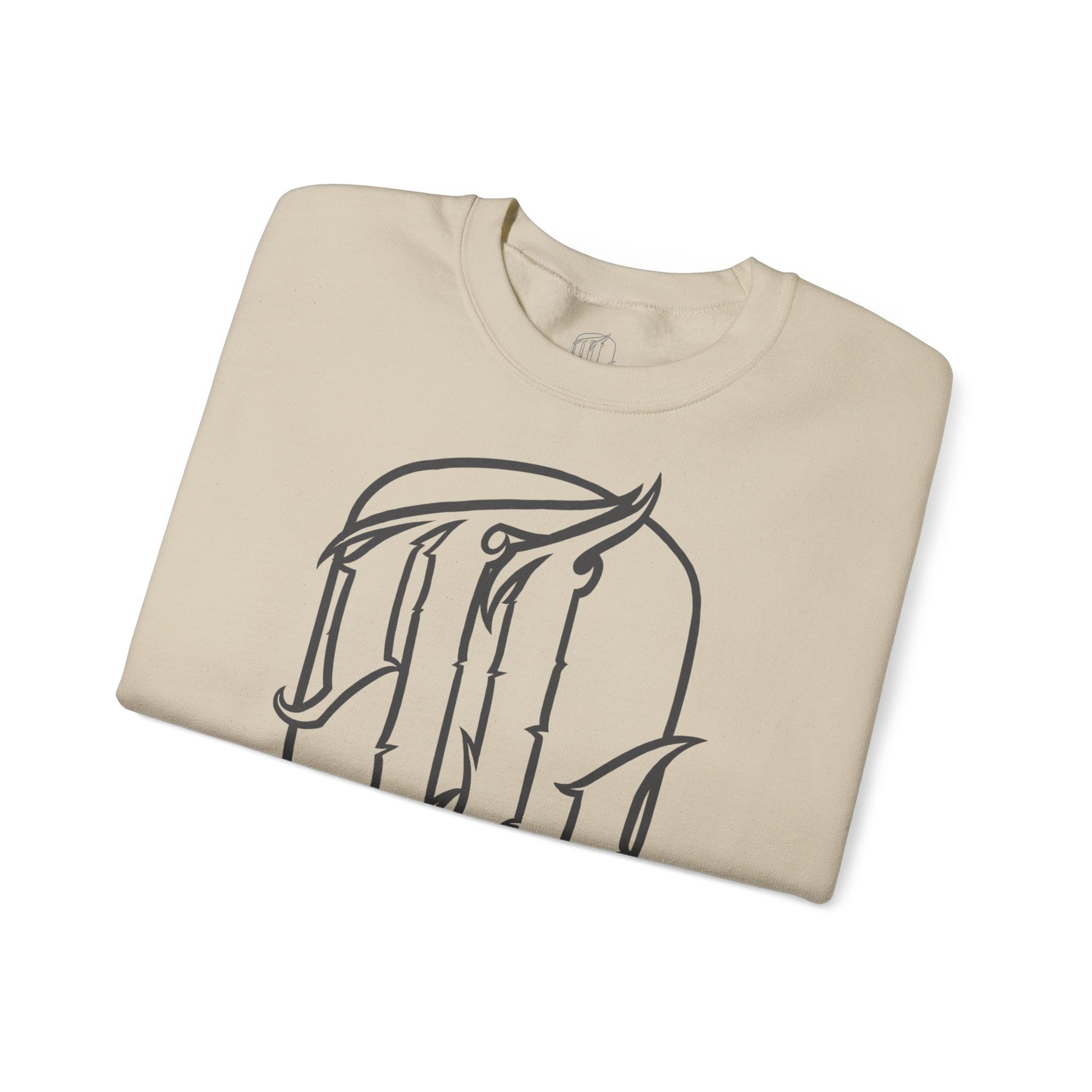 folded sand sweatshirt with a text design on the front, front