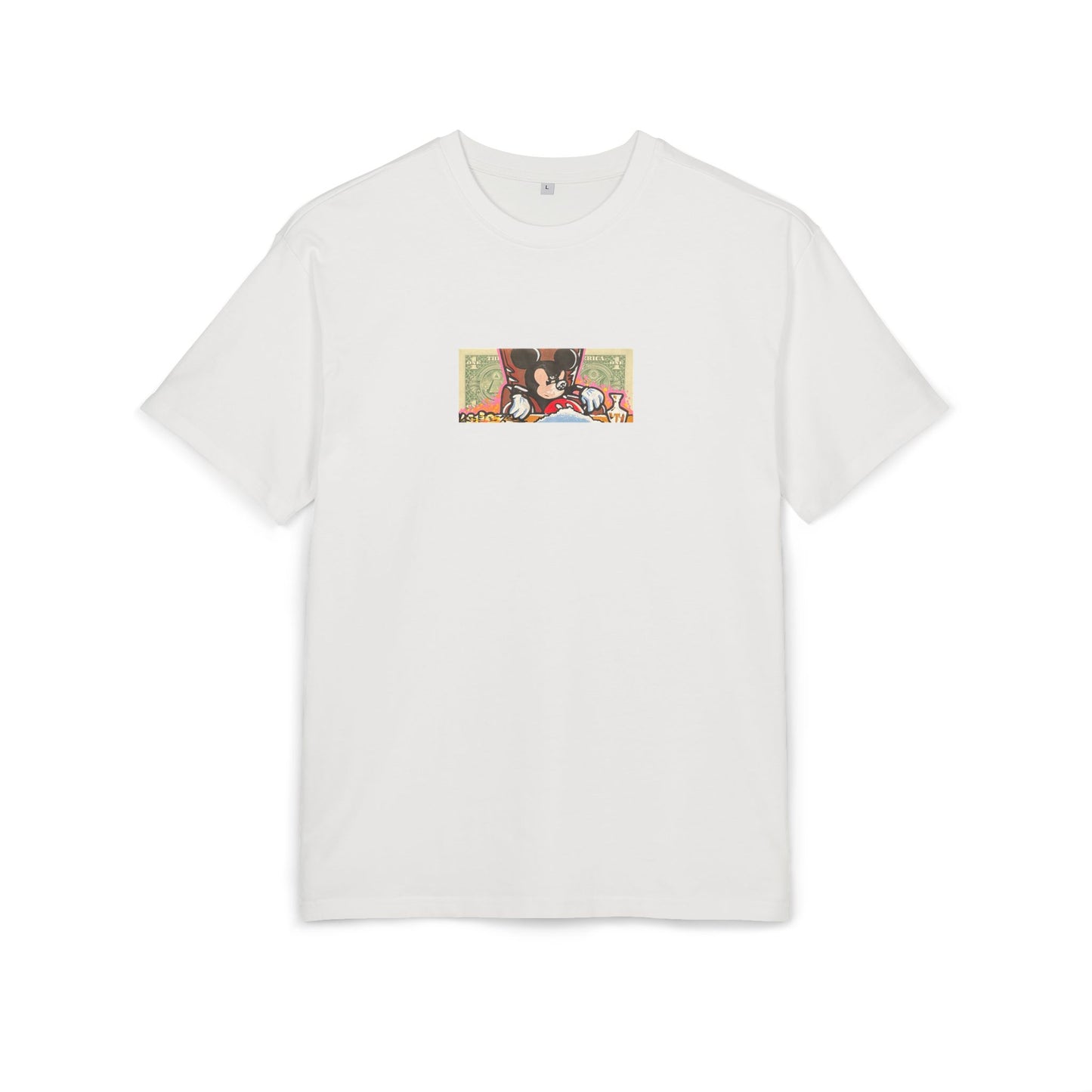blanc White t-shirt with a graphic dollar design on a white background, front