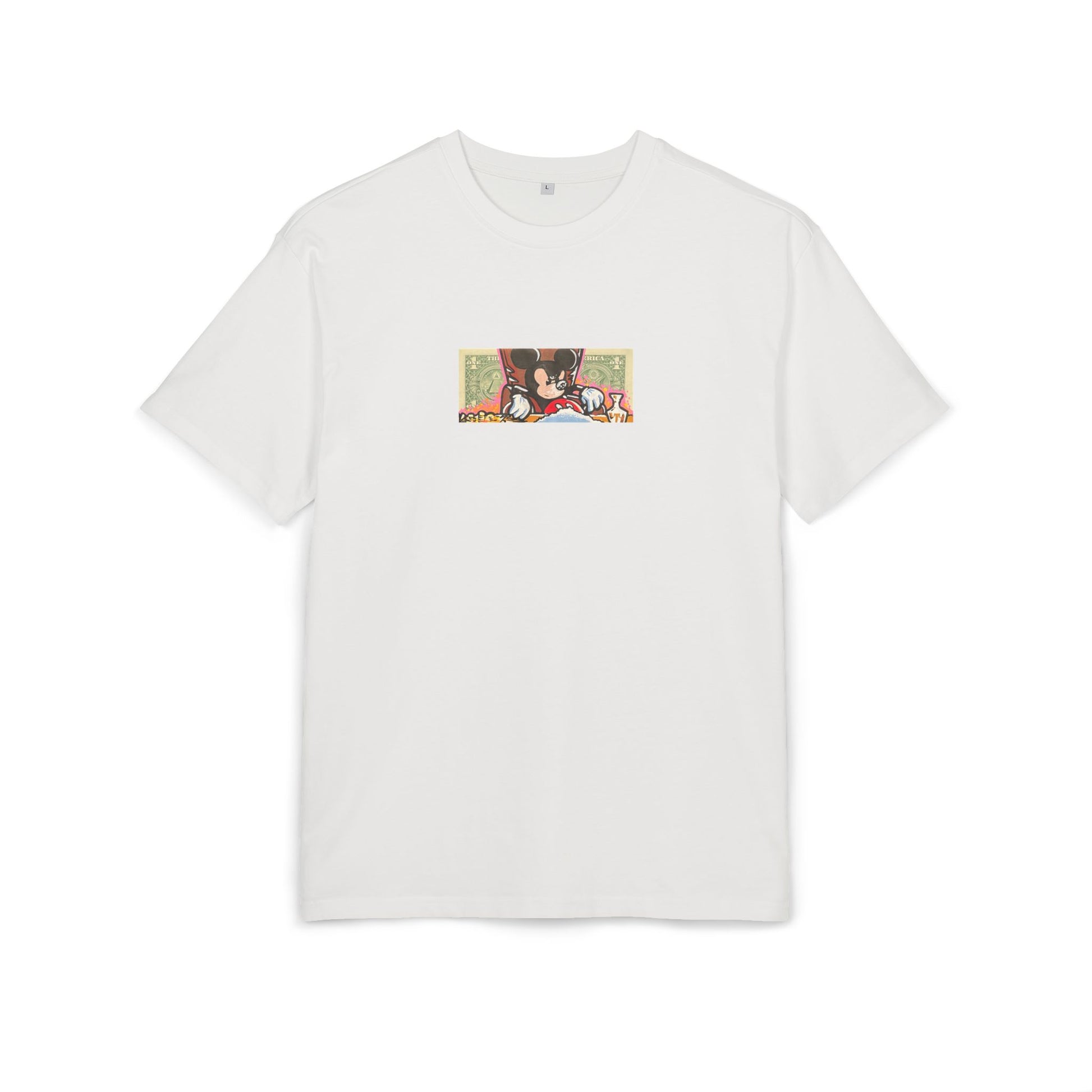 blanc White t-shirt with a graphic dollar design on a white background, front