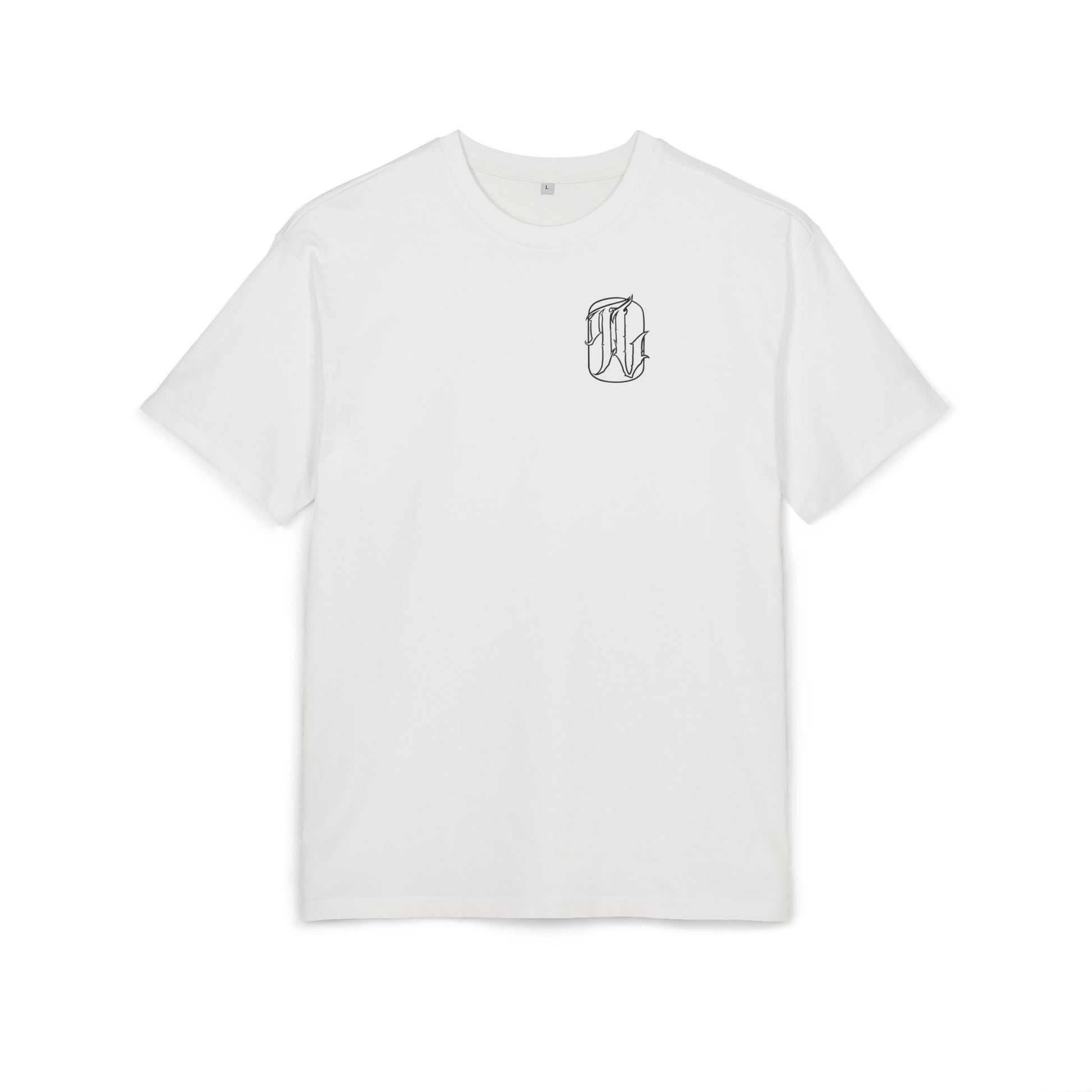 blanc White t-shirt with a black logo on a white background, front