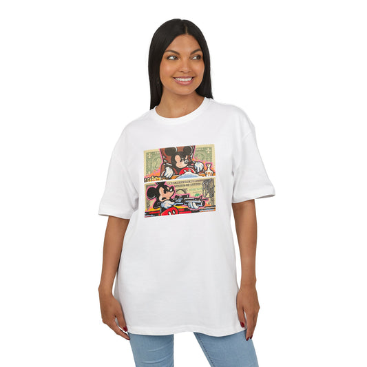 Woman wearing a white t-shirt with mickey mouse design on a white background, front