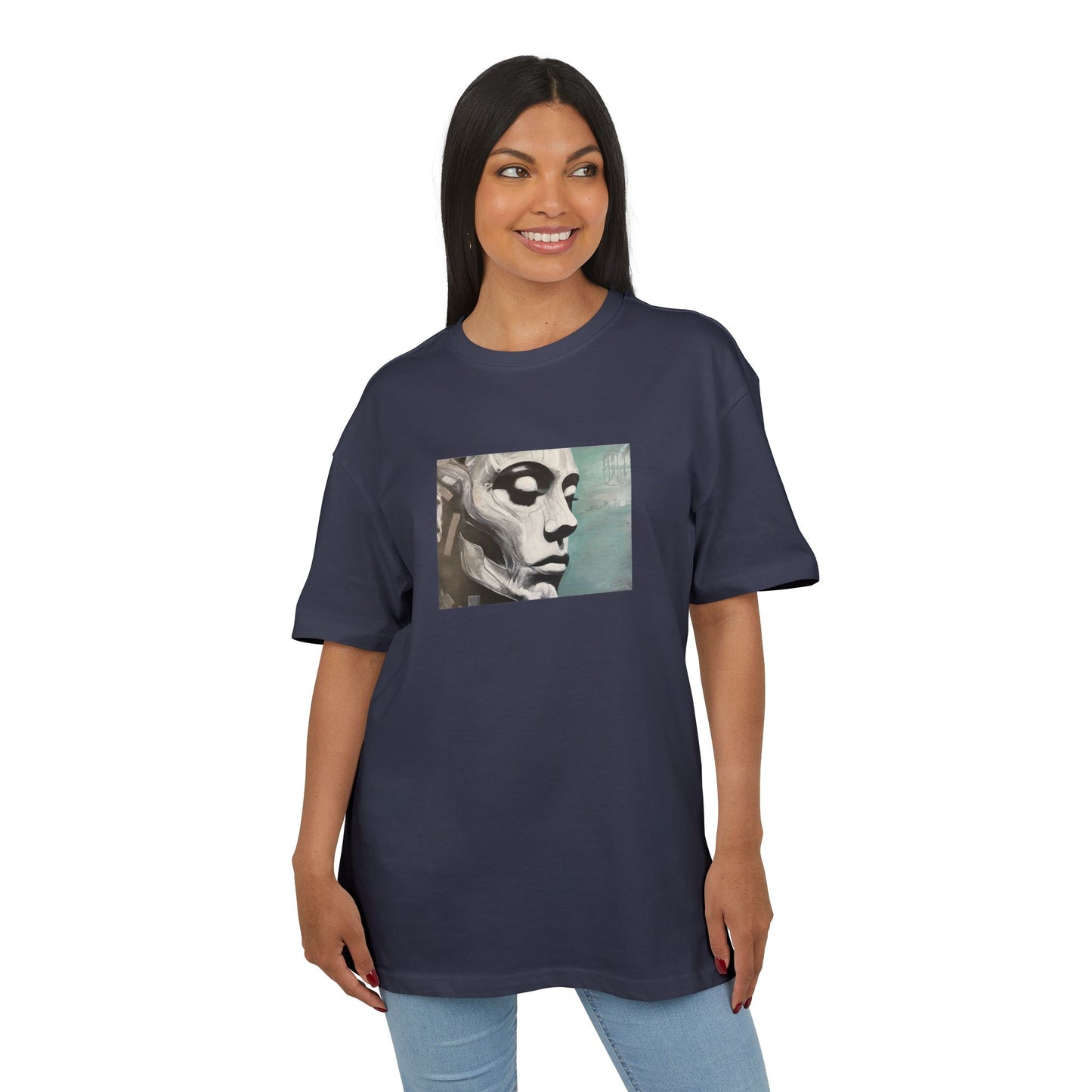 woman wearing navy t-shirt with a graphic print of a person's face on the chest on white background, front