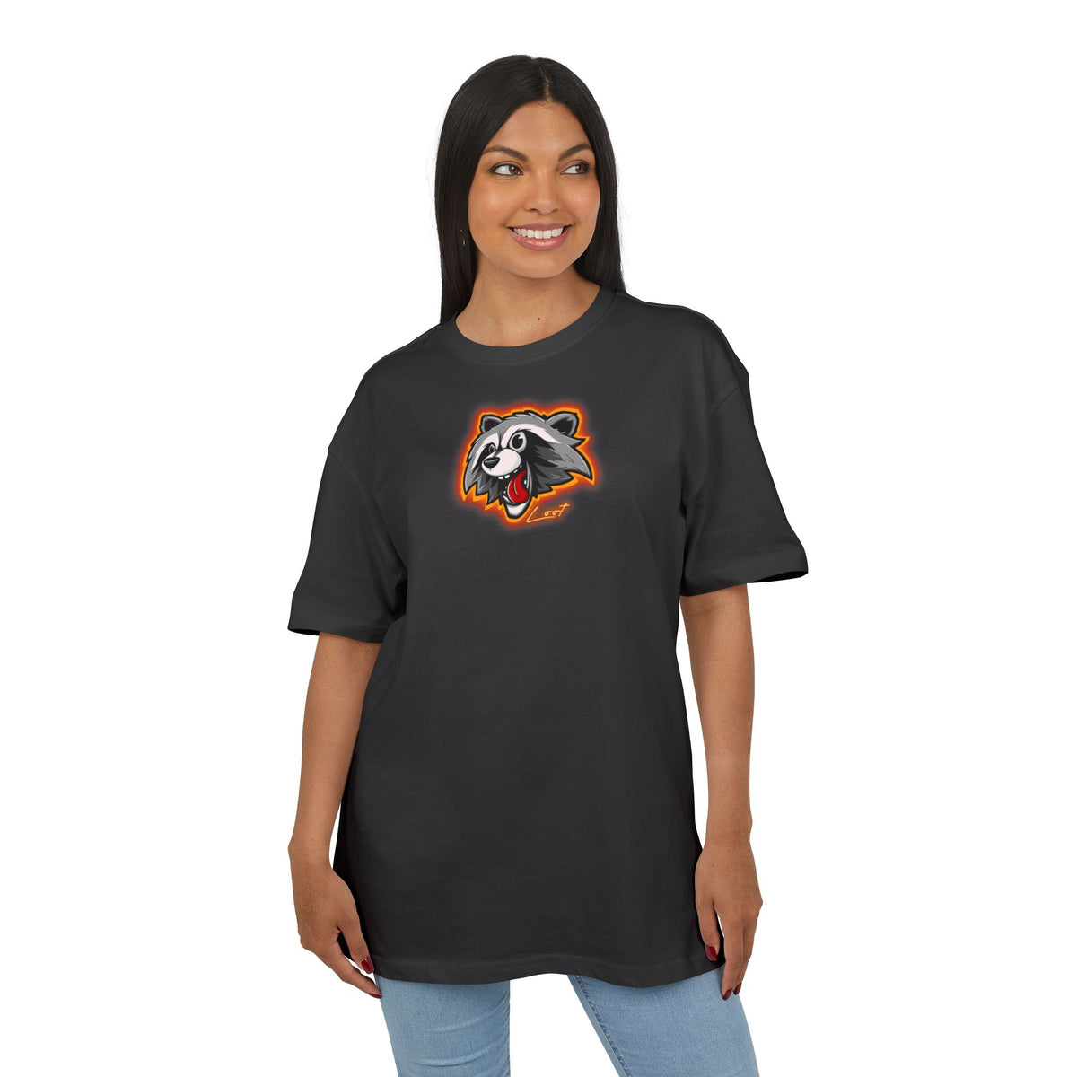 Raccoon Mascot Oversized Tee — Playful Cartoon Animal Graphic