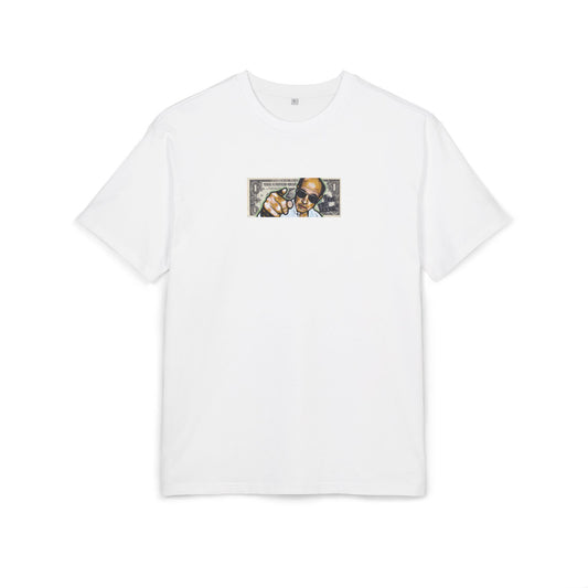 White t-shirt dollar art with a graphic of Jim lahey from trailer park boys on a white background, front