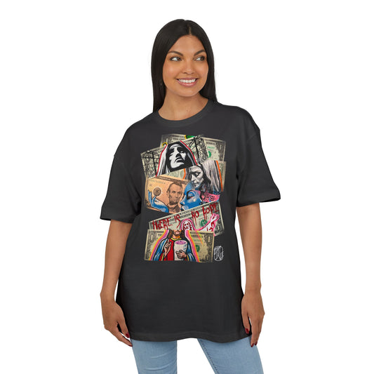 Woman wearing a black t-shirt with graphic design on a white background, art, dollar, front