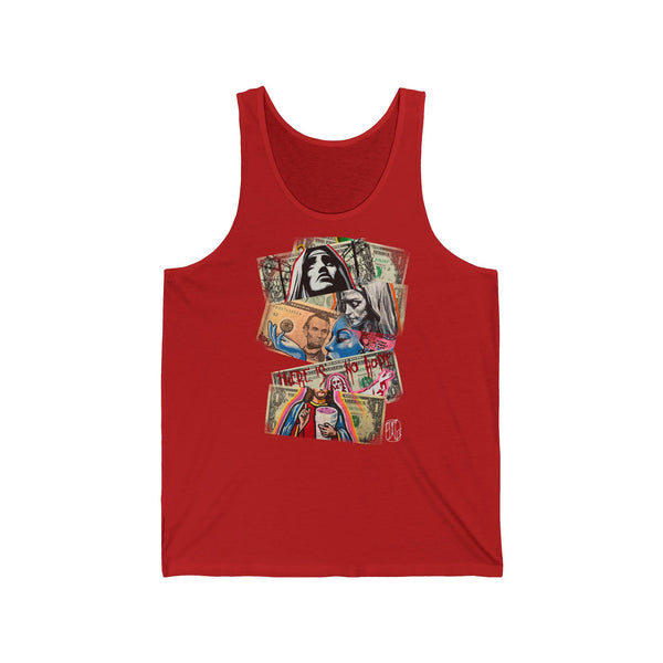 Red tank top with stacked dollars and  graphic design on a white background, front