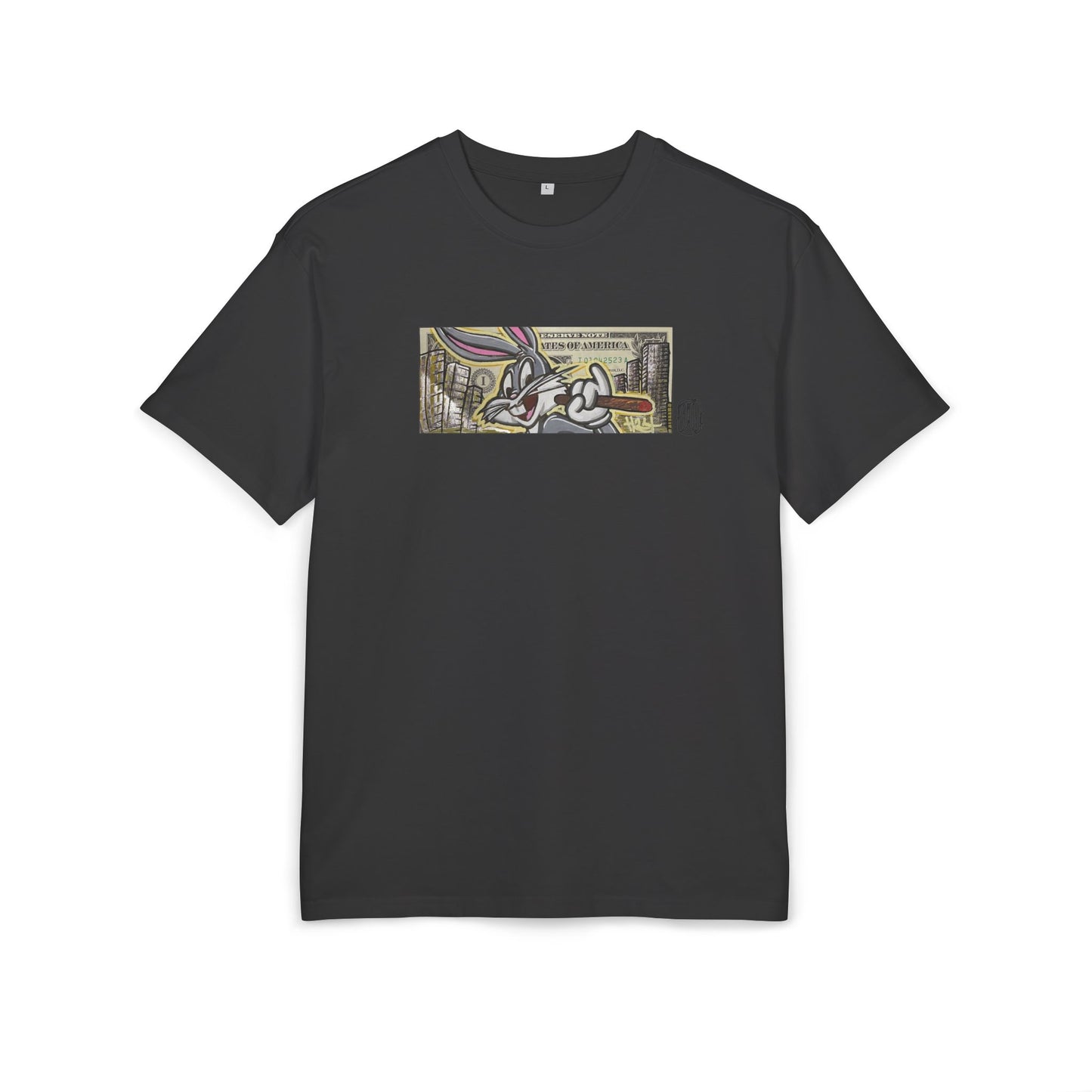 Black t-shirt with a graphic of a cartoon character on a white background, art, dollar, front