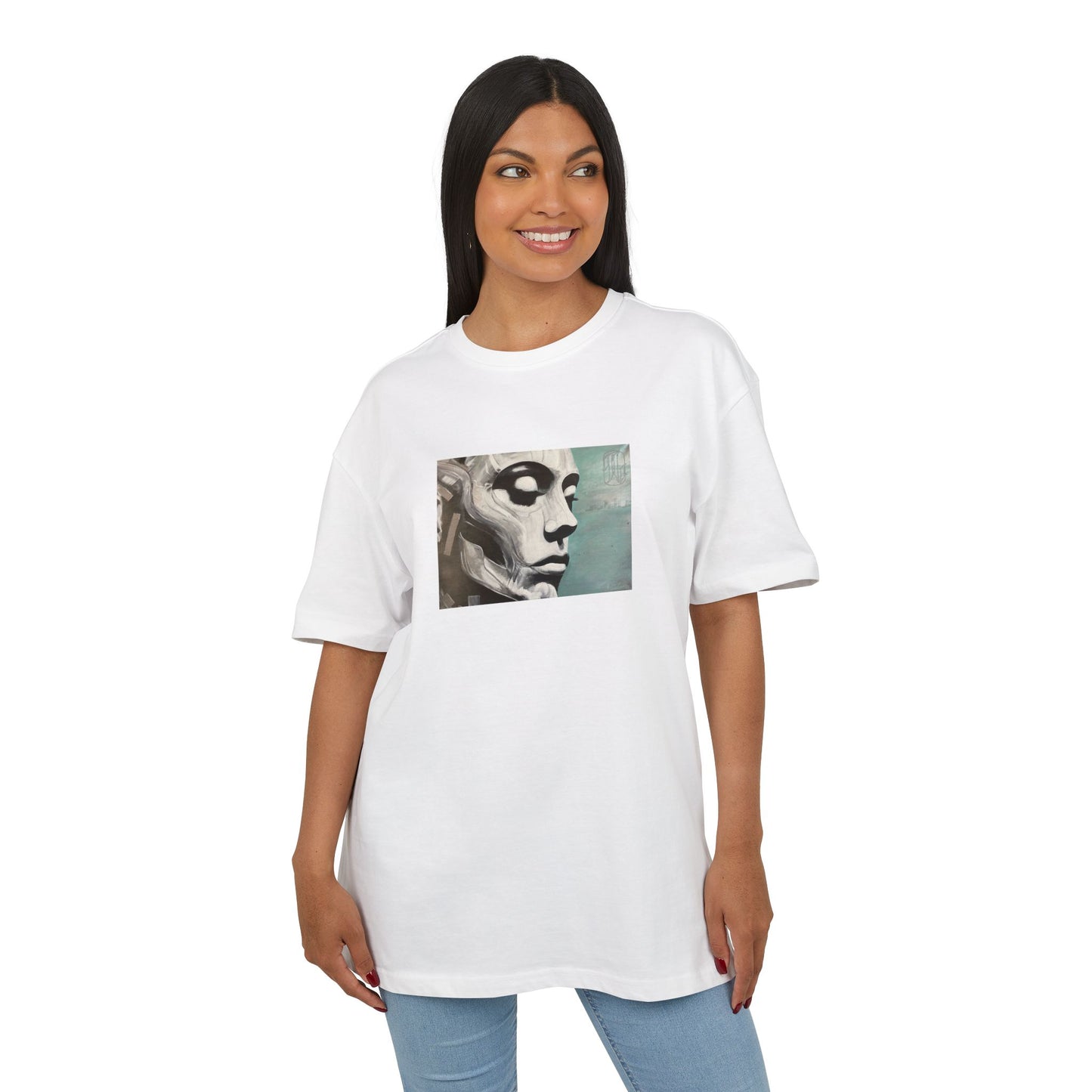 woman wearing white t-shirt with a graphic print of a person's face on the chest on white background, front