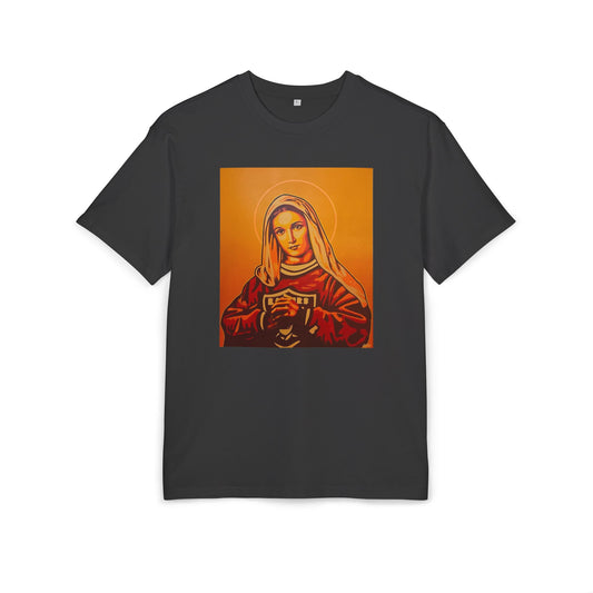 A black oversized t-shirt with a graphic artistic print of a person with a halo, front