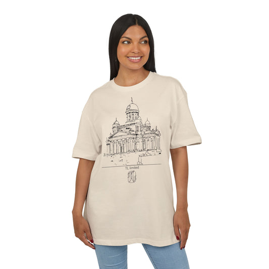 Woman wearing a sandt-shirt with a architectural design on a white background, front