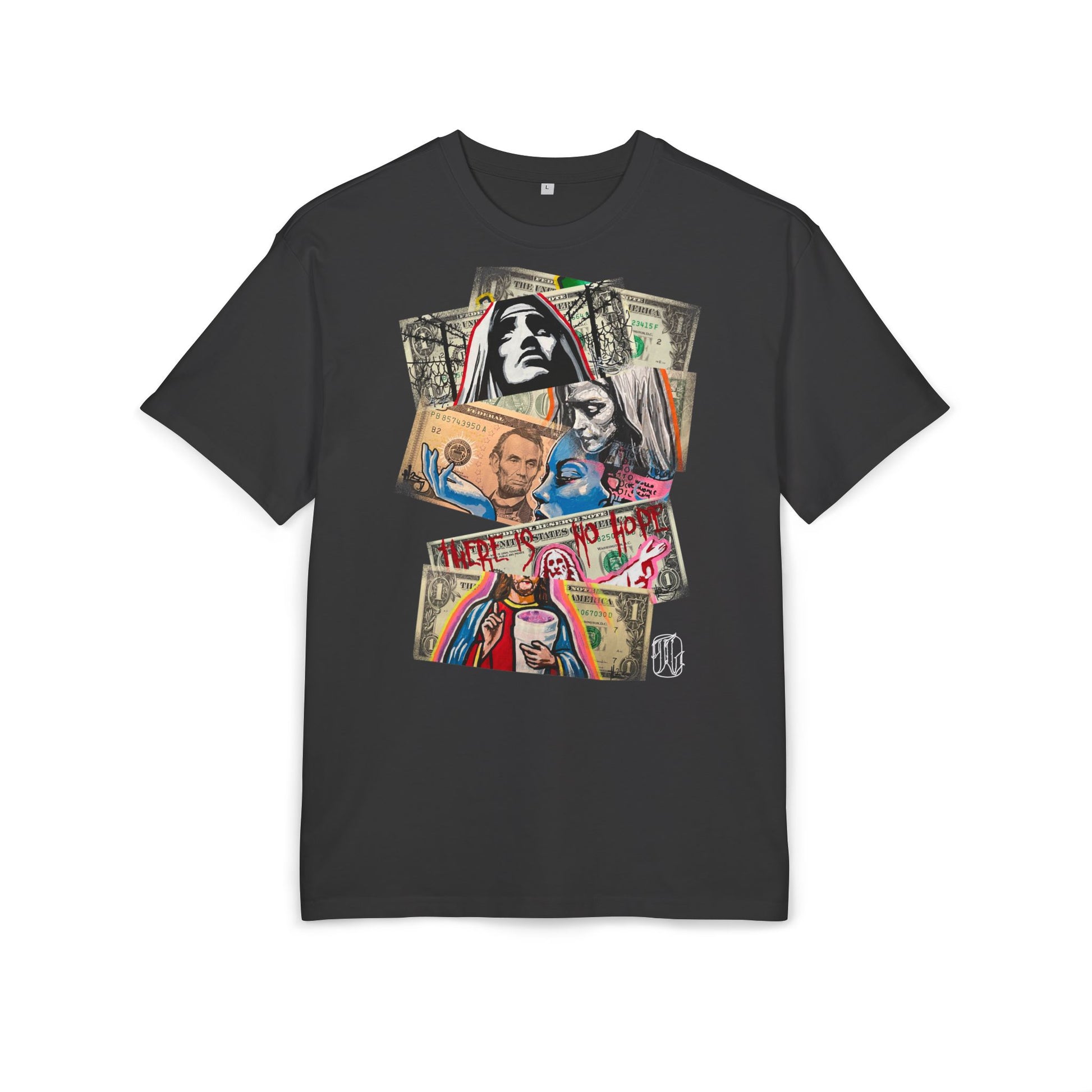 Black t-shirt with graphic design of vintage dollar bills on a whitebackground, art, dollar, front