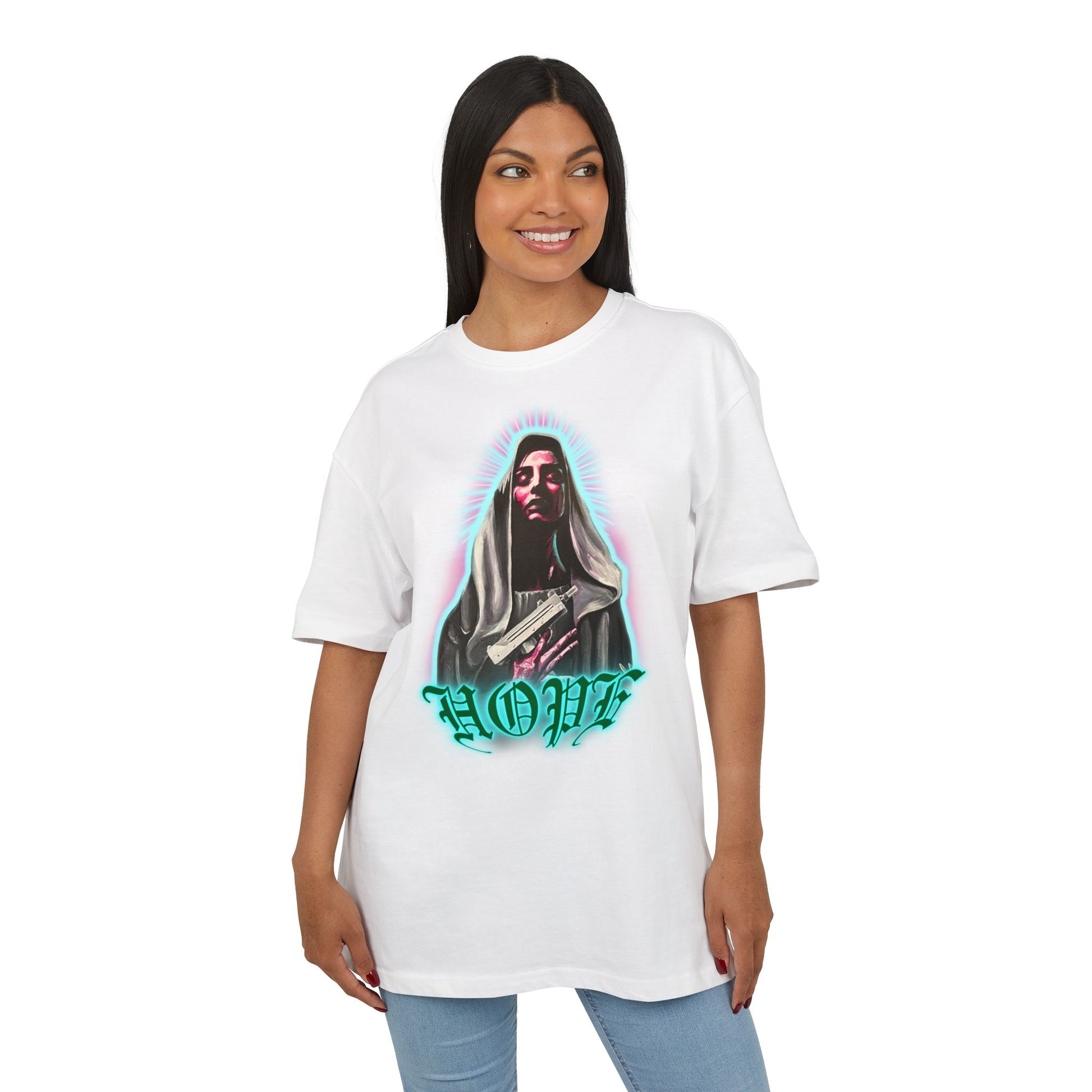 woman wearing white t-shirt with a graphic print of a character and the word 'HOPE', front
