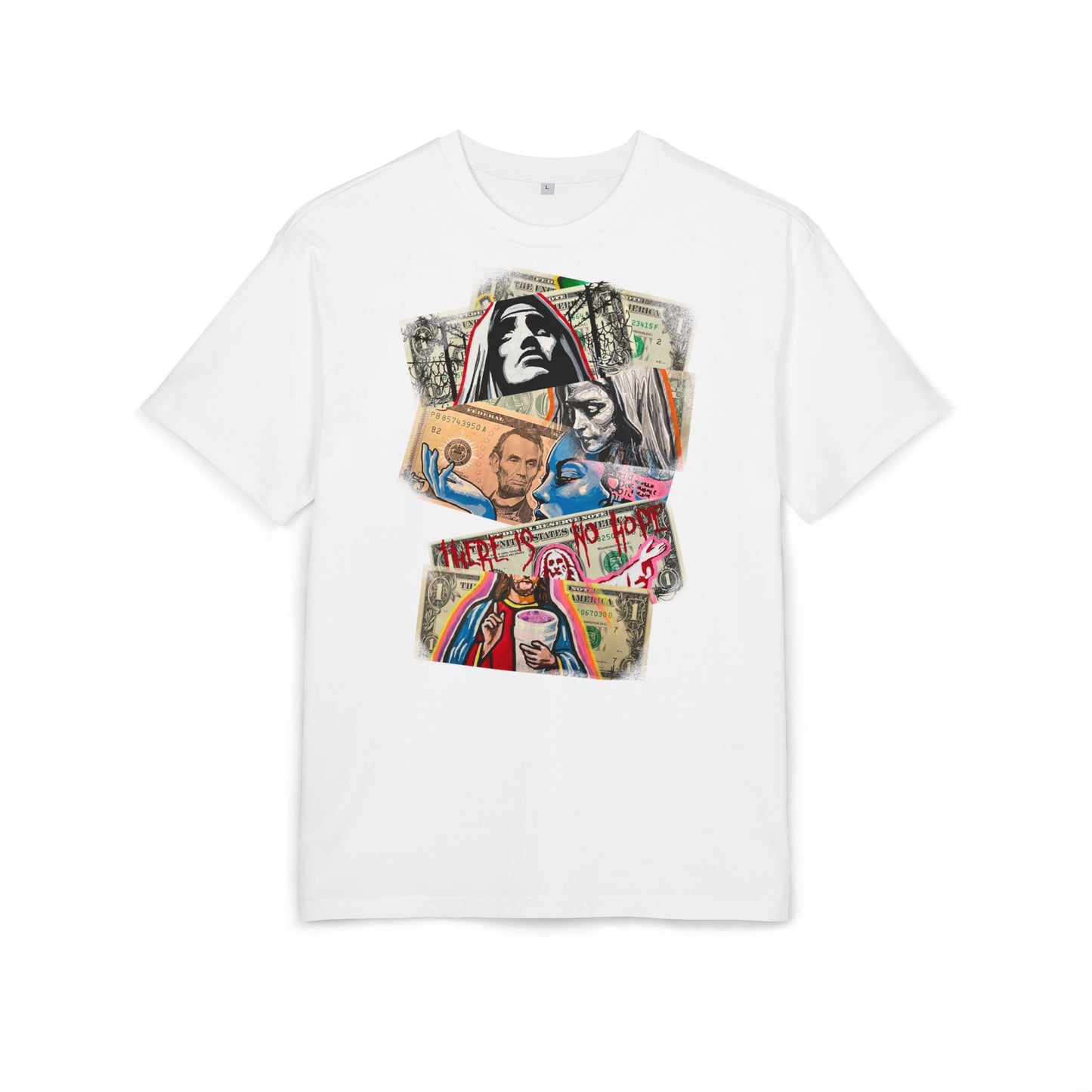 White t-shirt with graphic design of money and faces on a white, art, dollar, frontbackground
