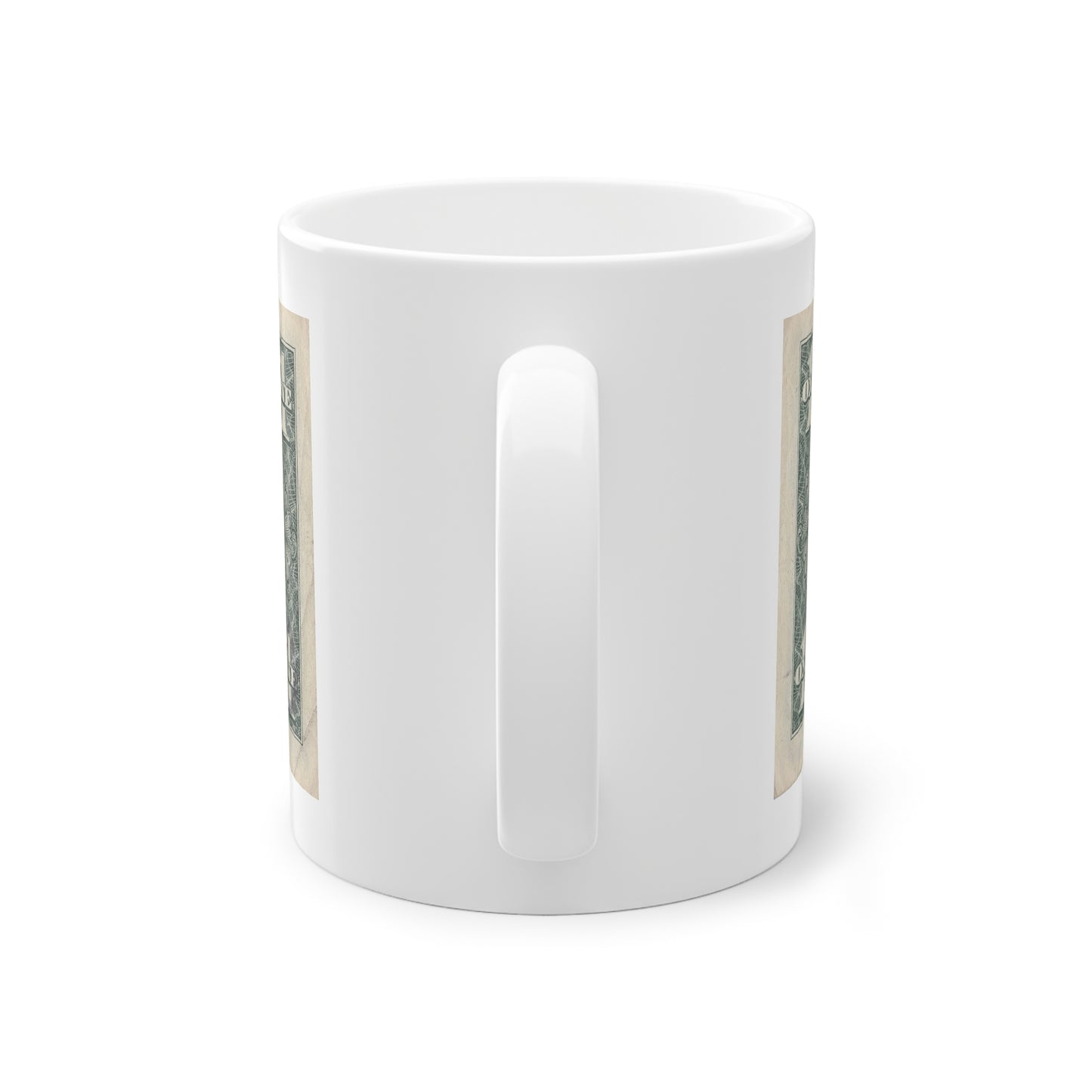 Mug with a dog design on a dollar bill background, back