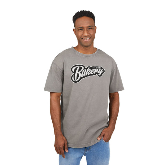 Man wearing a gray t-shirt with 'Bakery' logo on a white background, front