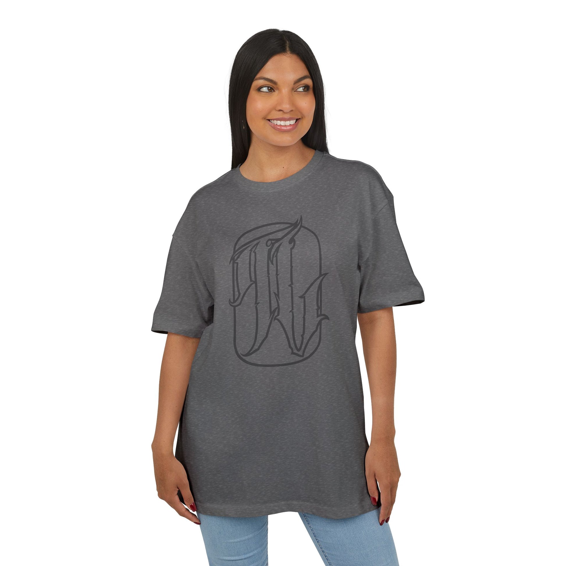 woman wearing charcoal heather t-shirt with a graphic design in the center, front