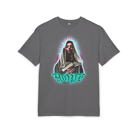 charcoal heather t-shirt with a graphic print of a character and the word 'HOPE', front