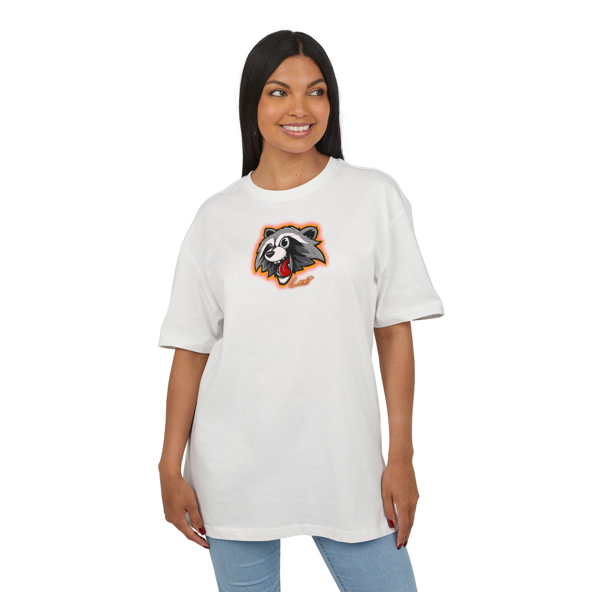 Raccoon Mascot Oversized Tee — Playful Cartoon Animal Graphic
