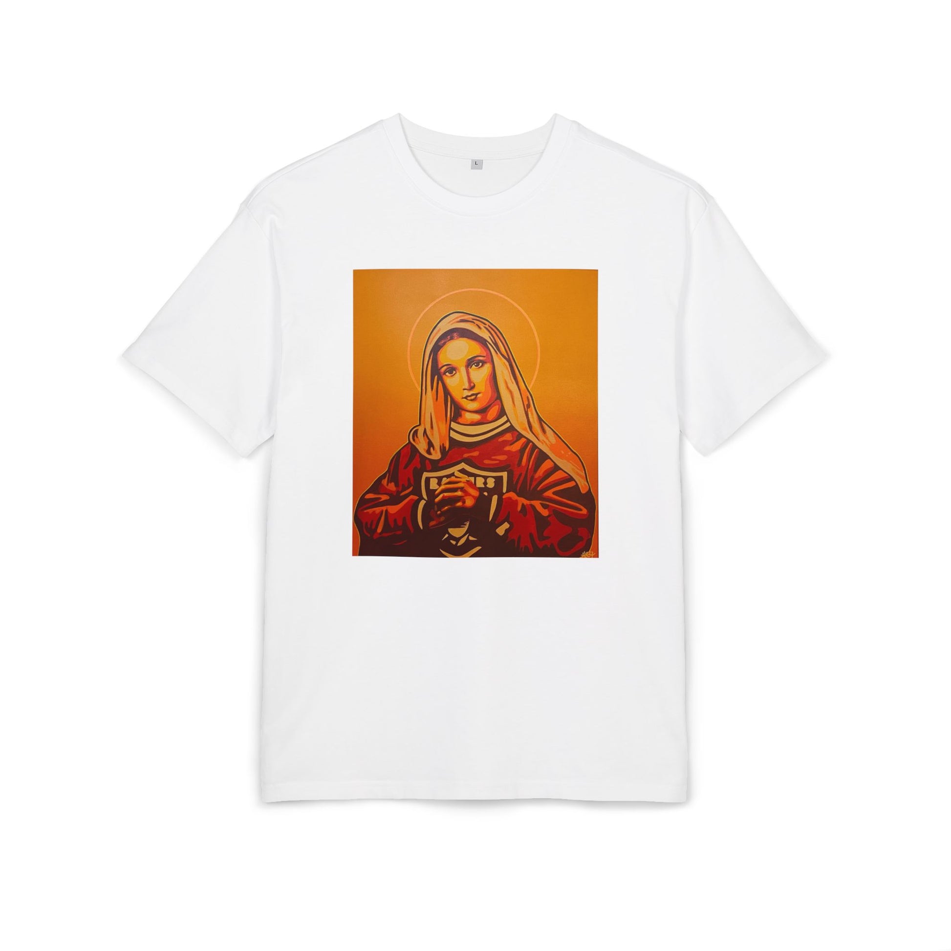 white oversized t-shirt with a graphic artistic print of a person with a halo, front