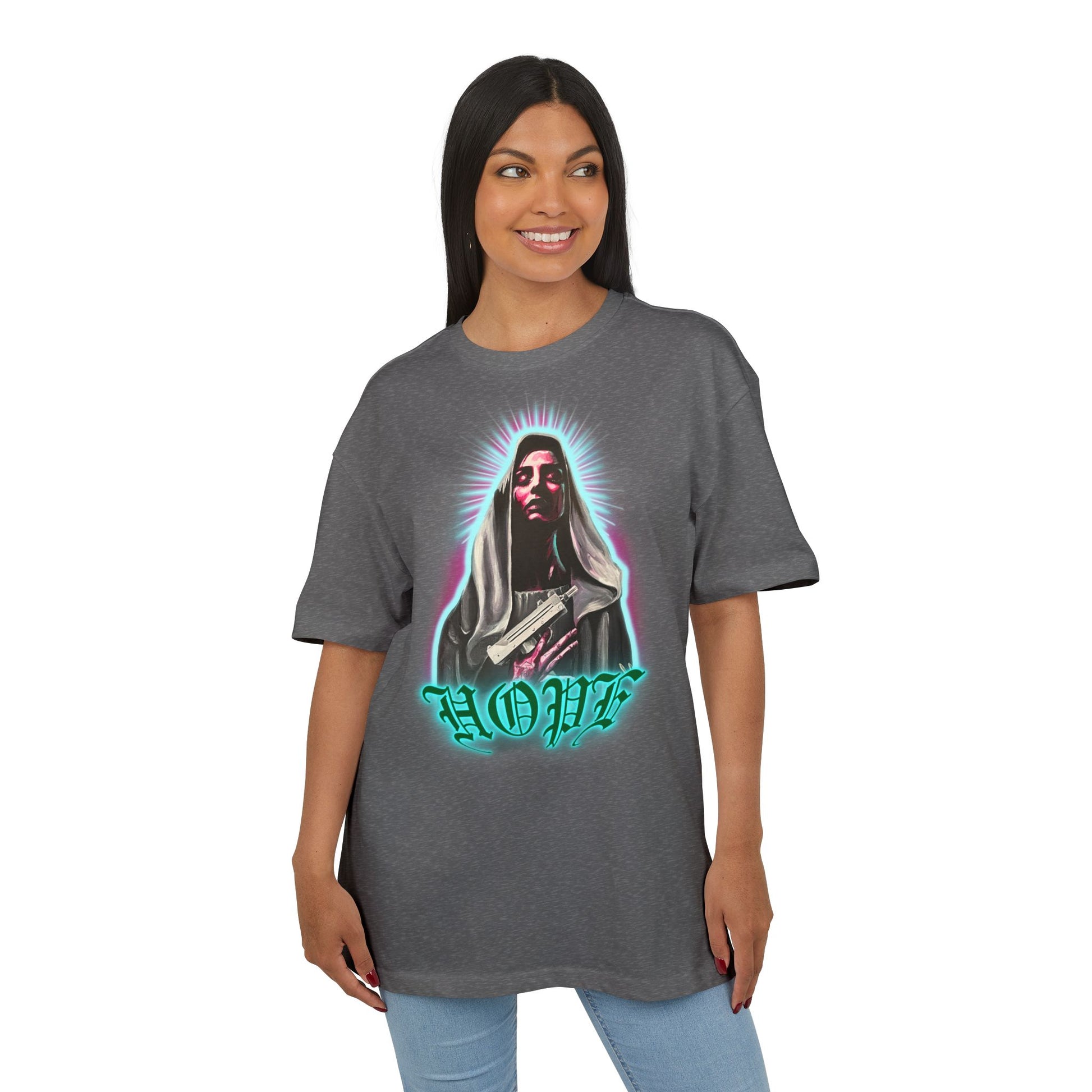 woman wearing charcoal heather t-shirt with a graphic print of a character and the word 'HOPE', front