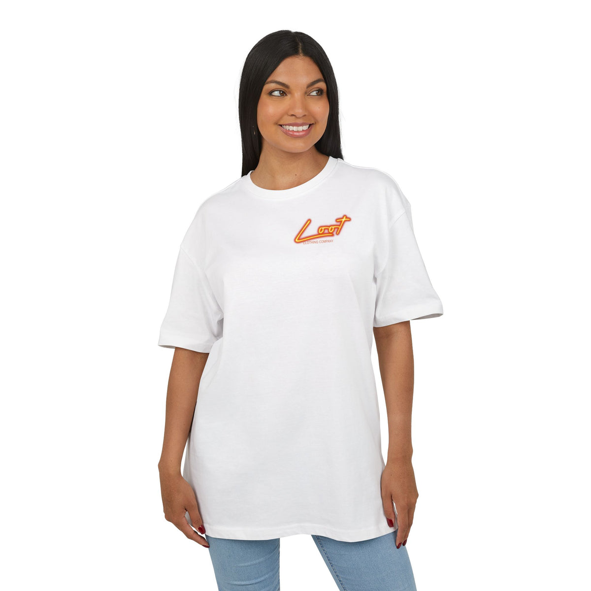 Oversize Tee — Retro 'Lost' Logo Chest Graphic, White Casual Streetwear